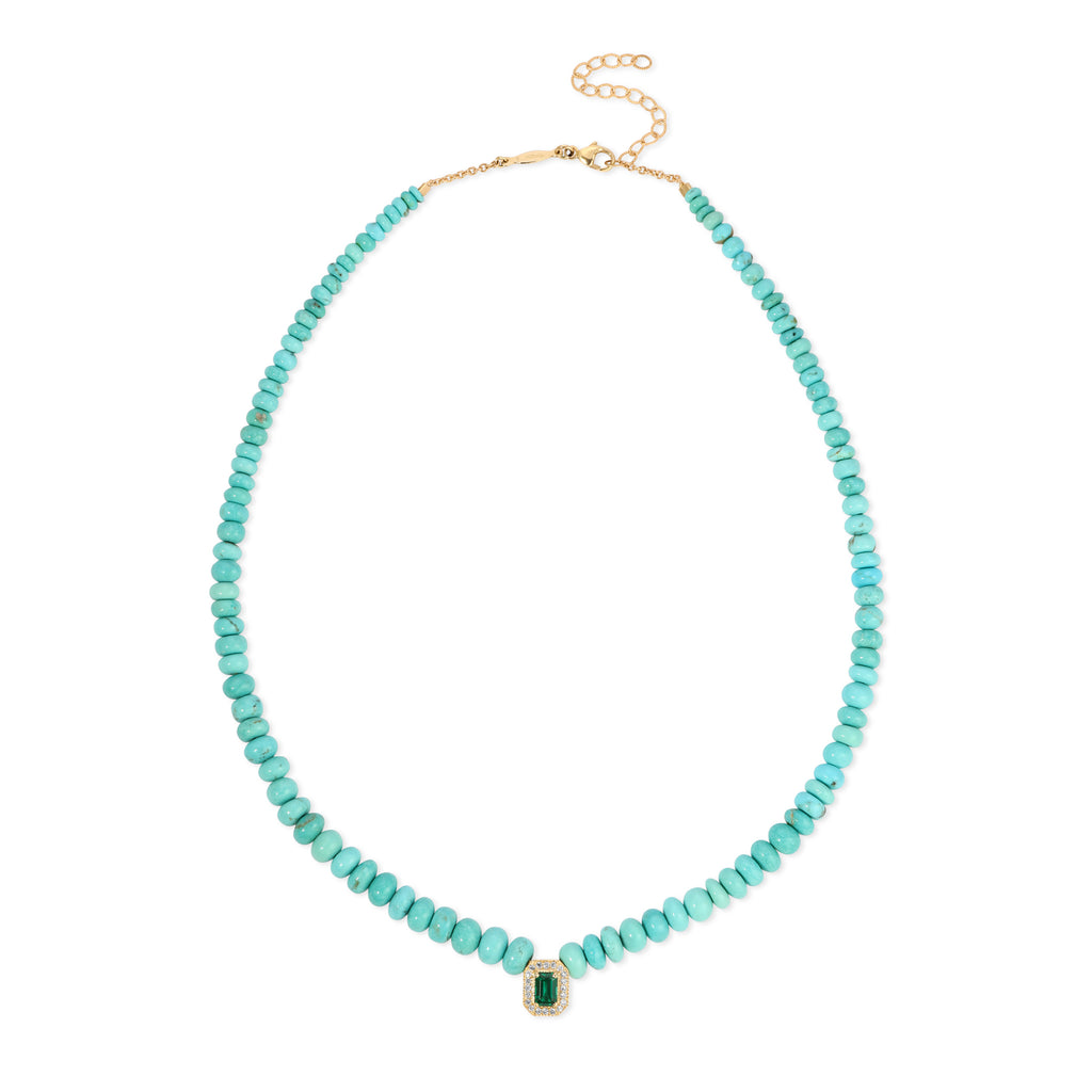 Pavé Emerald Baguette Graduated Turquoise Beaded Necklace