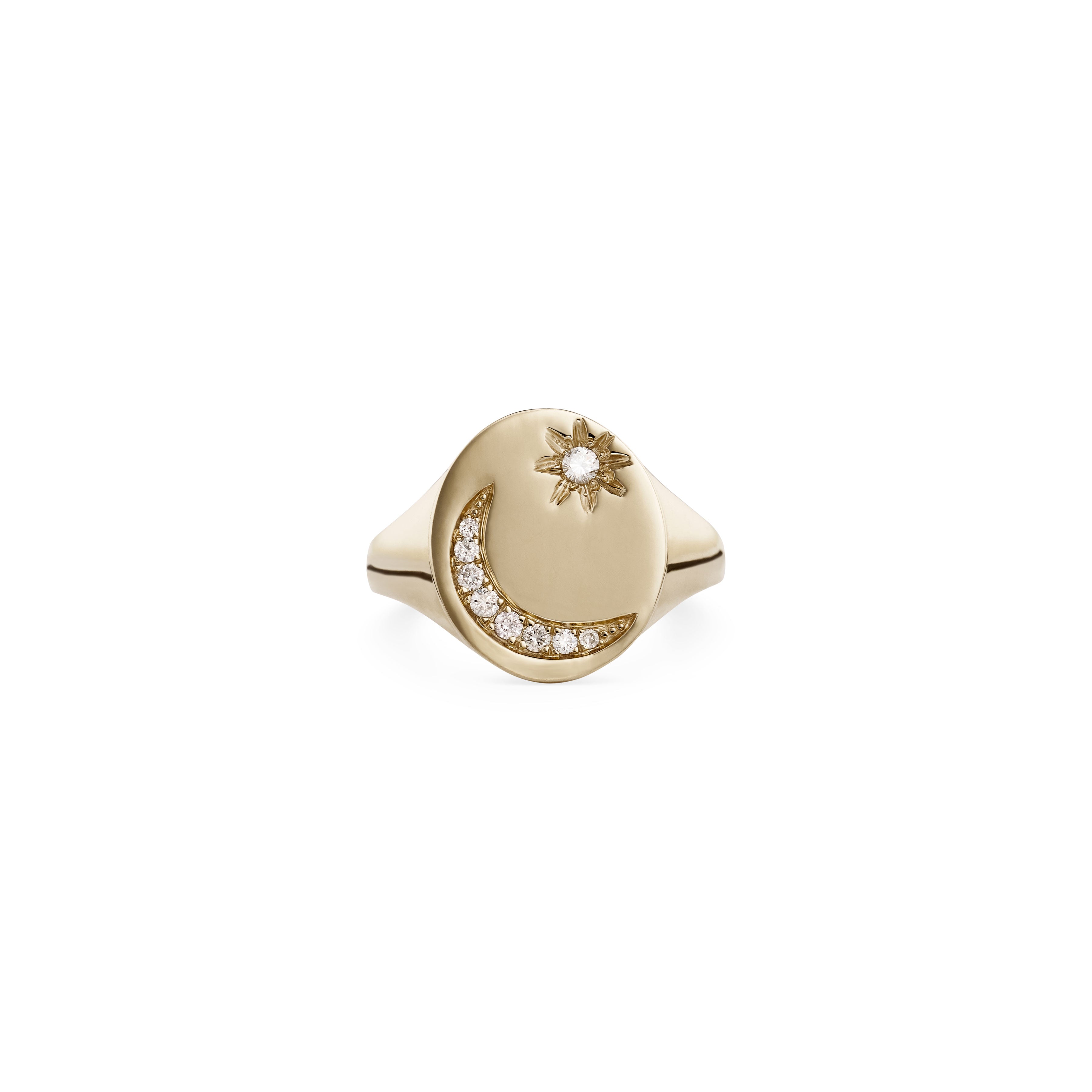 Pave Crescent Moon + Starburst Oval Signet Ring