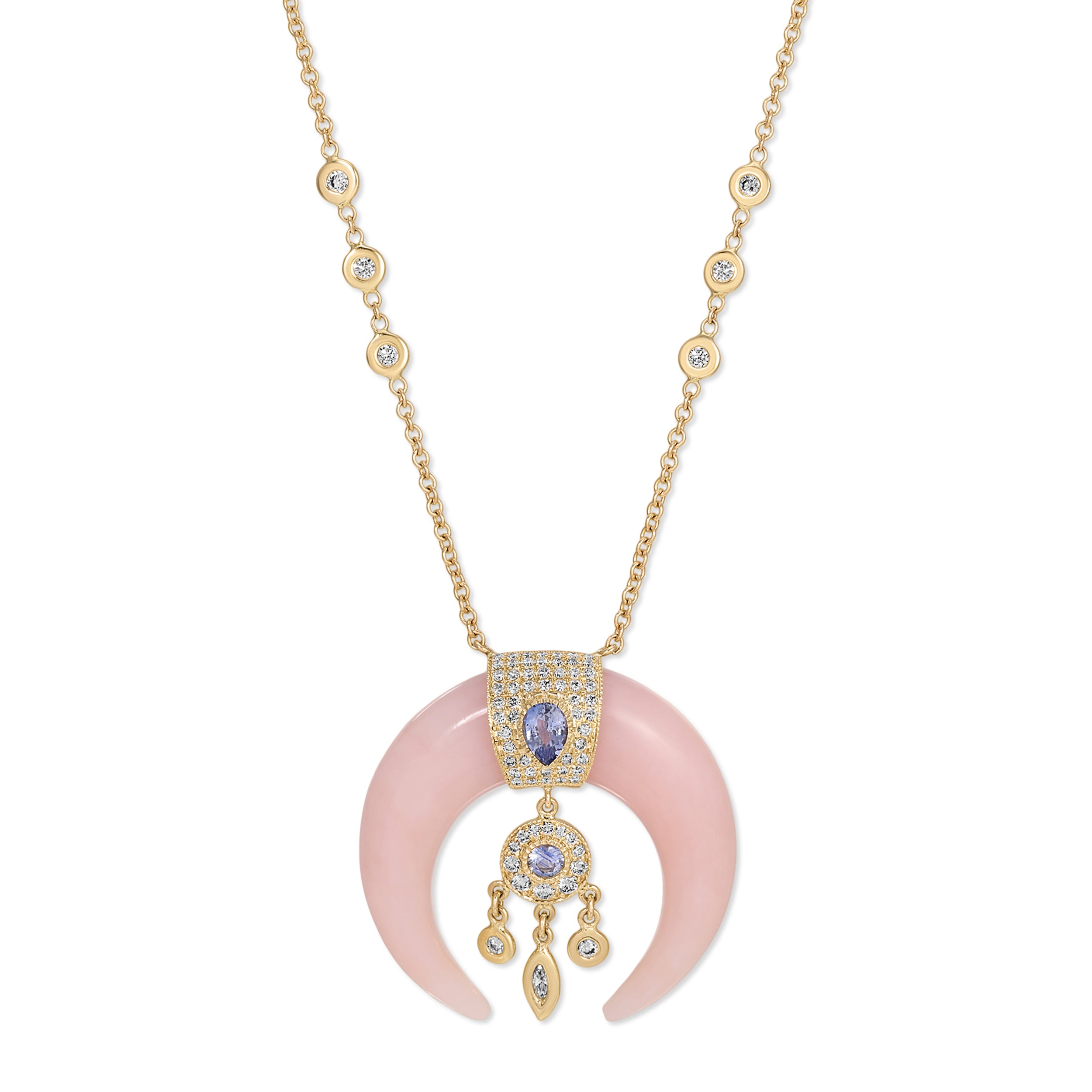 Pink Opal Double Horn Dreamcatcher Necklace with Pavé Tanzanite Teardrop Cap