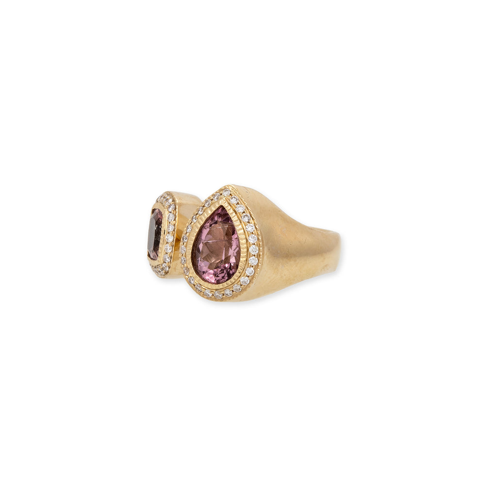 Pave Teardrop + Square Pink Tourmaline Open Ring