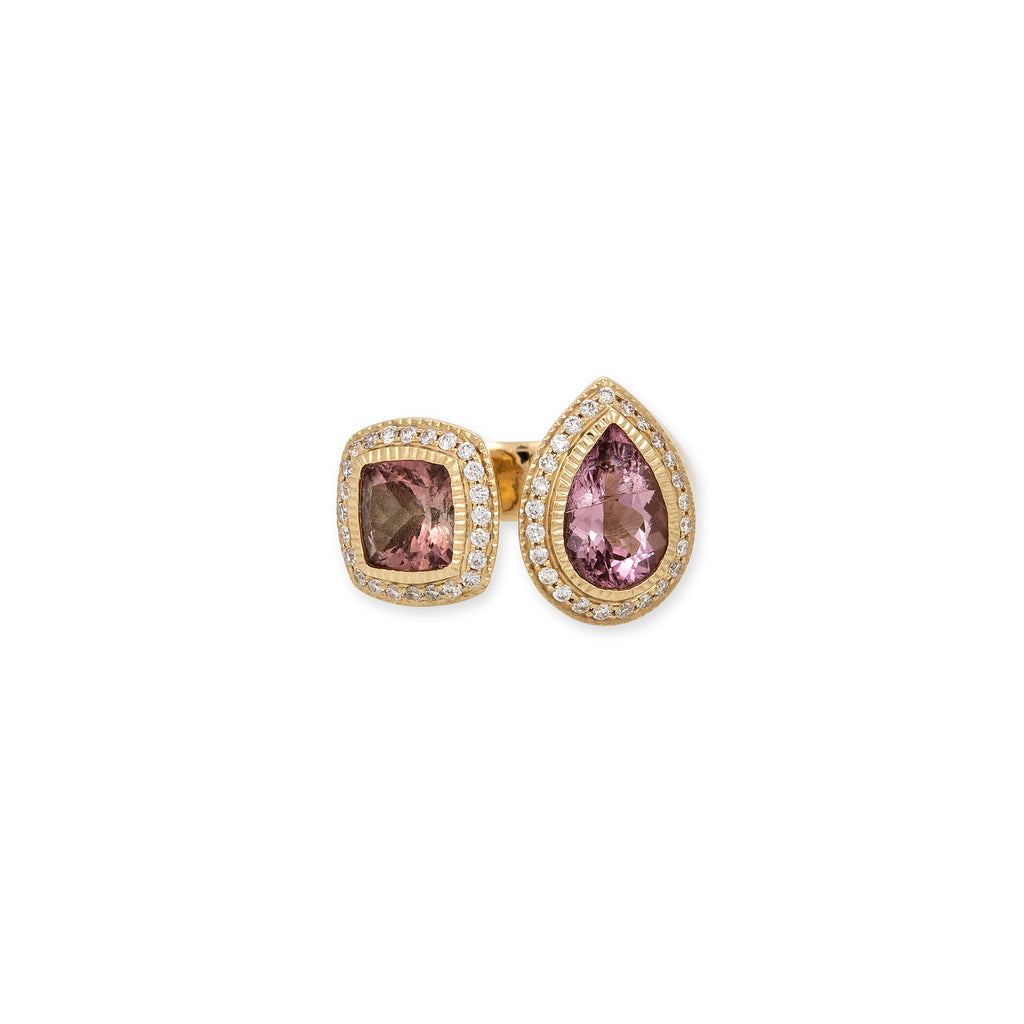 Pave Teardrop + Square Pink Tourmaline Open Ring