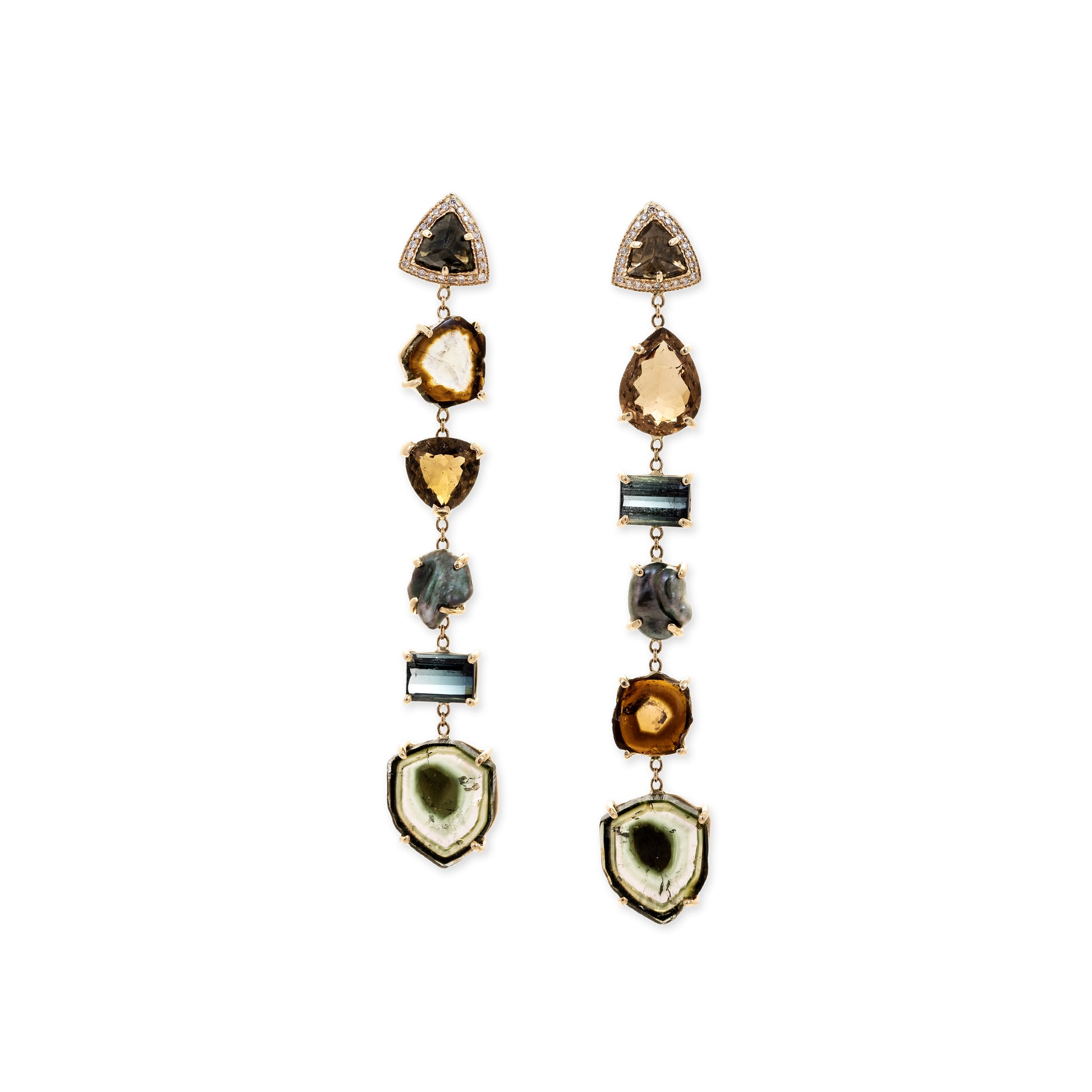 Pave Tourmaline Trillion + Tourmaline and Black Pearl Drop Earrings