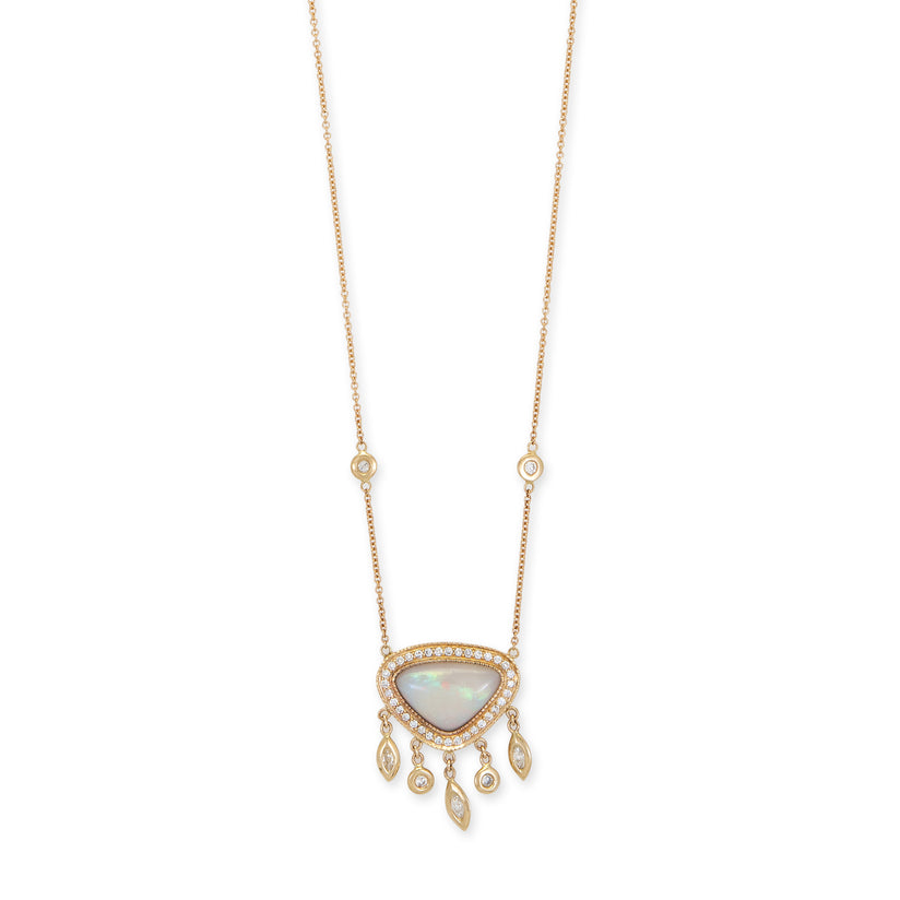 SMALL PAVE WHITE OPAL TRILLION + MARQUISE AND ROUND DIAMOND SHAKER NECKLACE