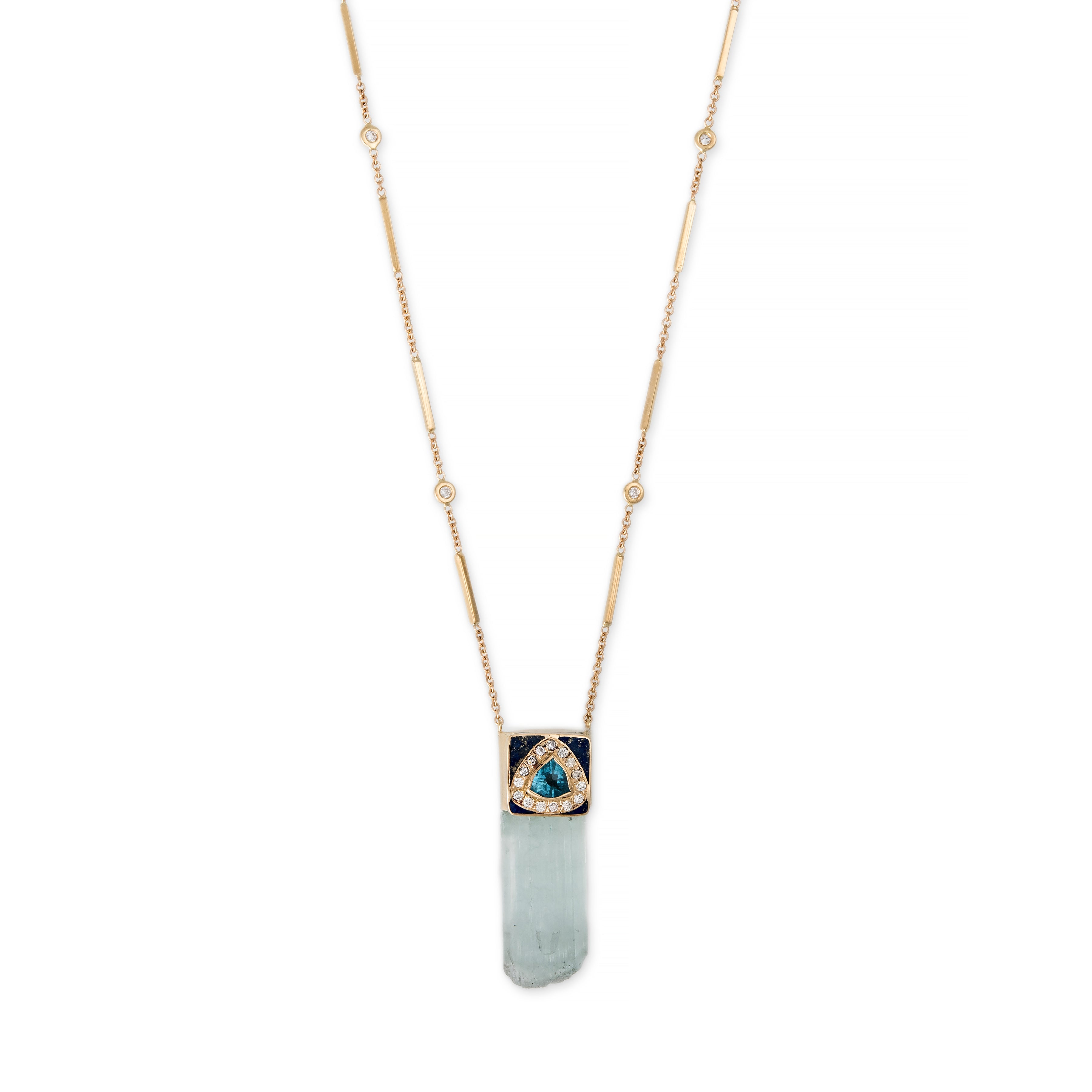 PAVE TRILLION TOURMALINE LAPIS INLAY CAP + AQUAMARINE CRYSTAL NECKLACE