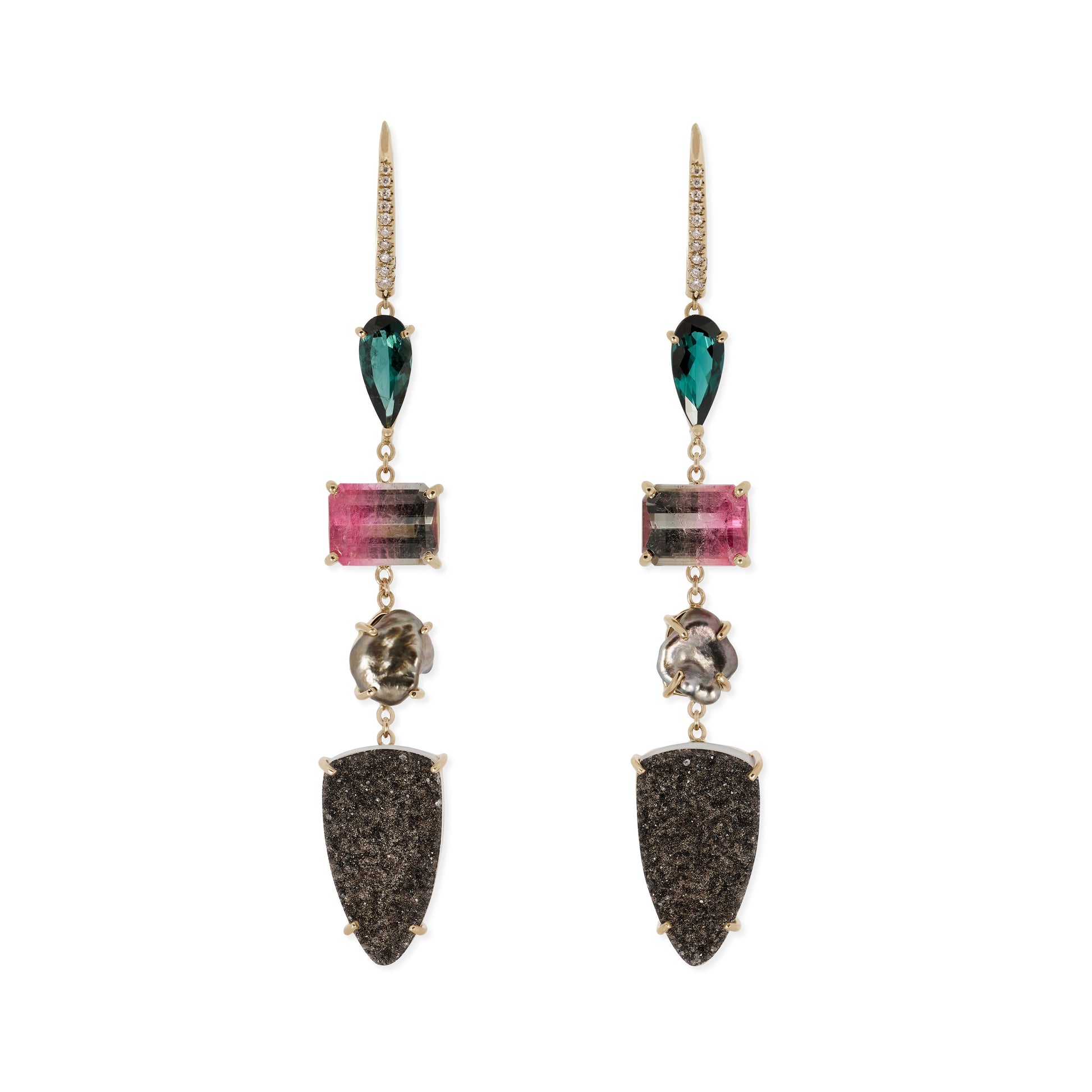 Pave Assorted Tourmaline, Black Pearl + Trillion Druzy Earrings