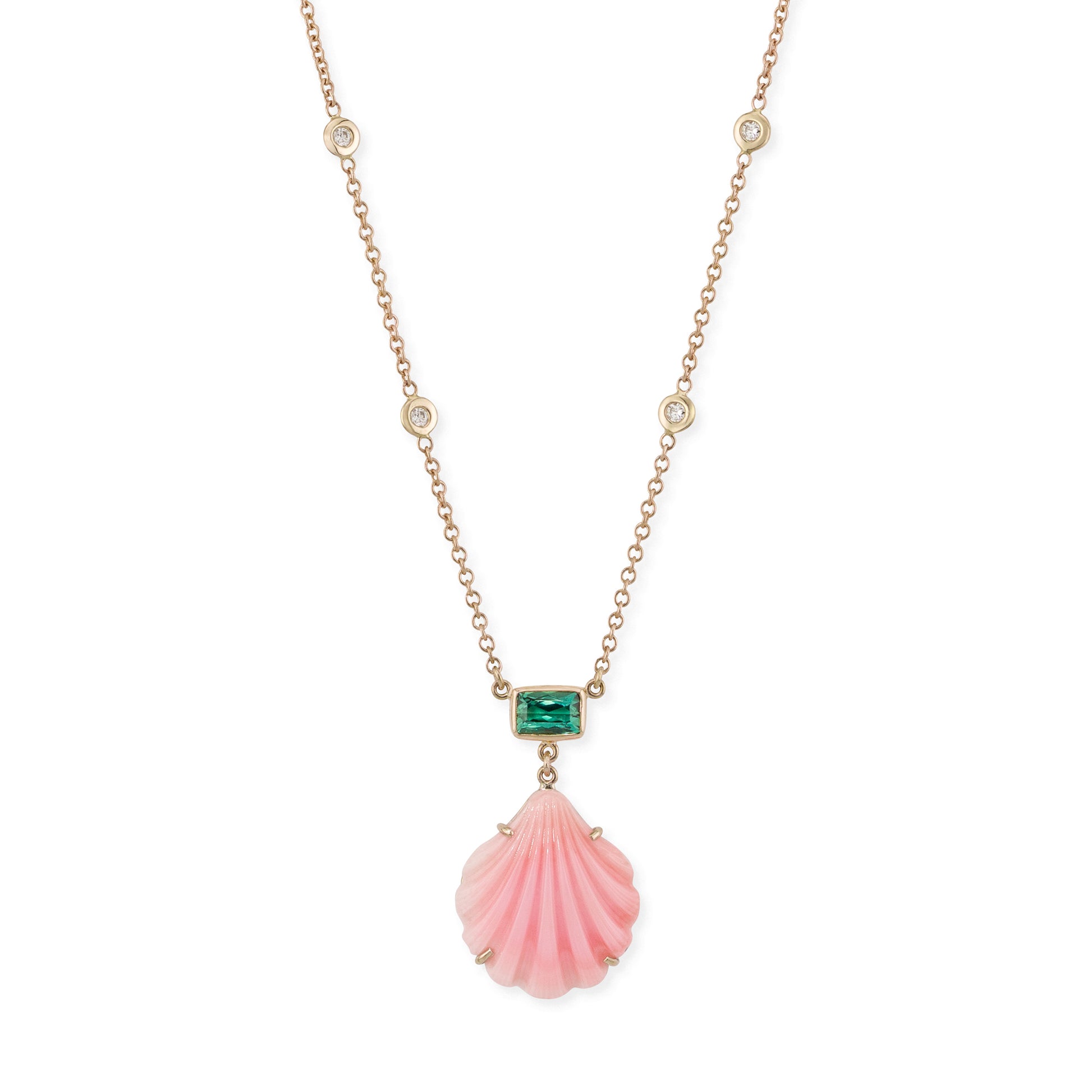 Pavé Green Tourmaline + Carved Pink Opal Shell Necklace