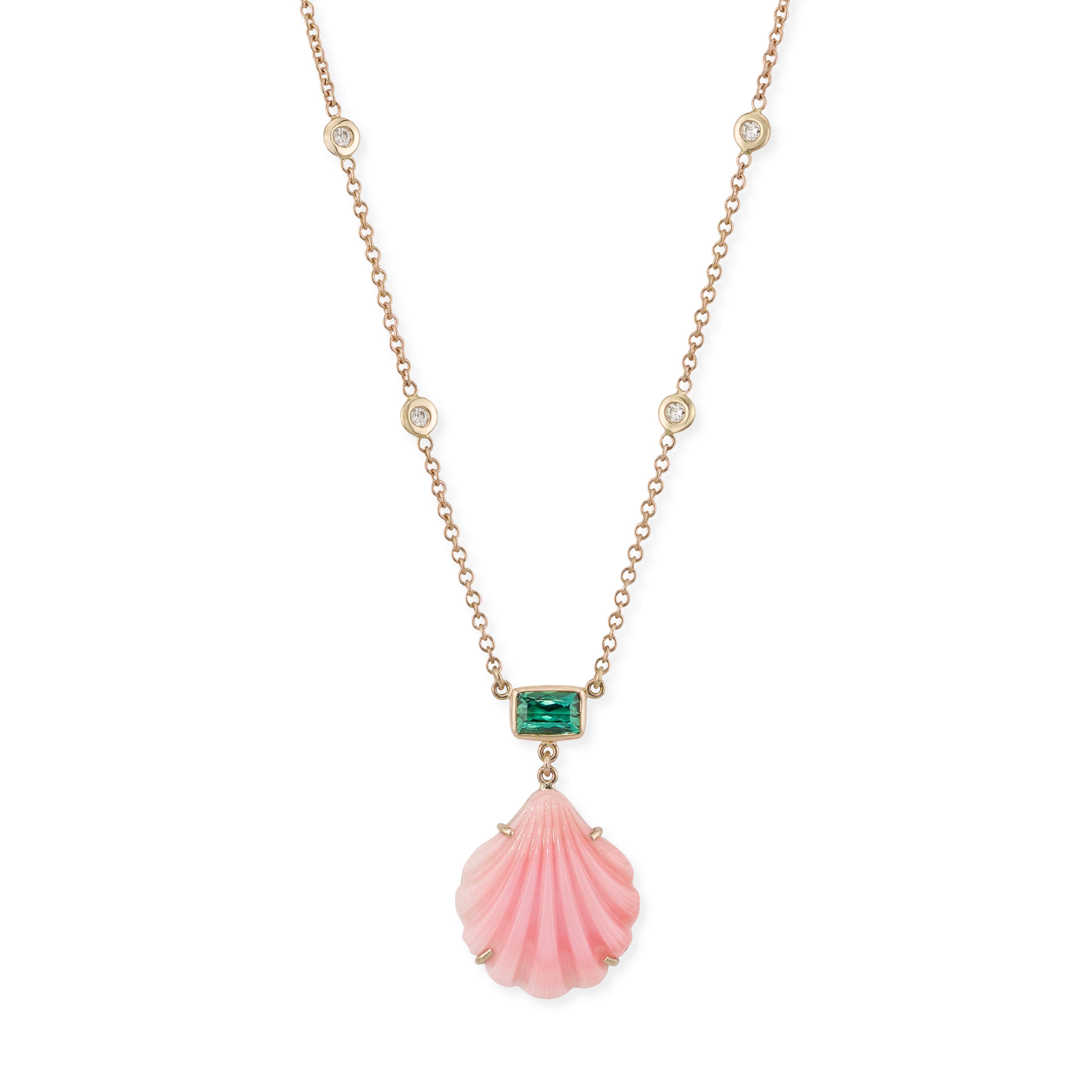 Pavé Green Tourmaline + Carved Pink Opal Shell Necklace