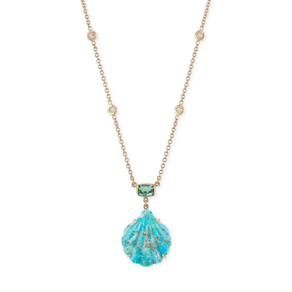 Pavé Green Tourmaline + Carved Turquoise Shell Necklace