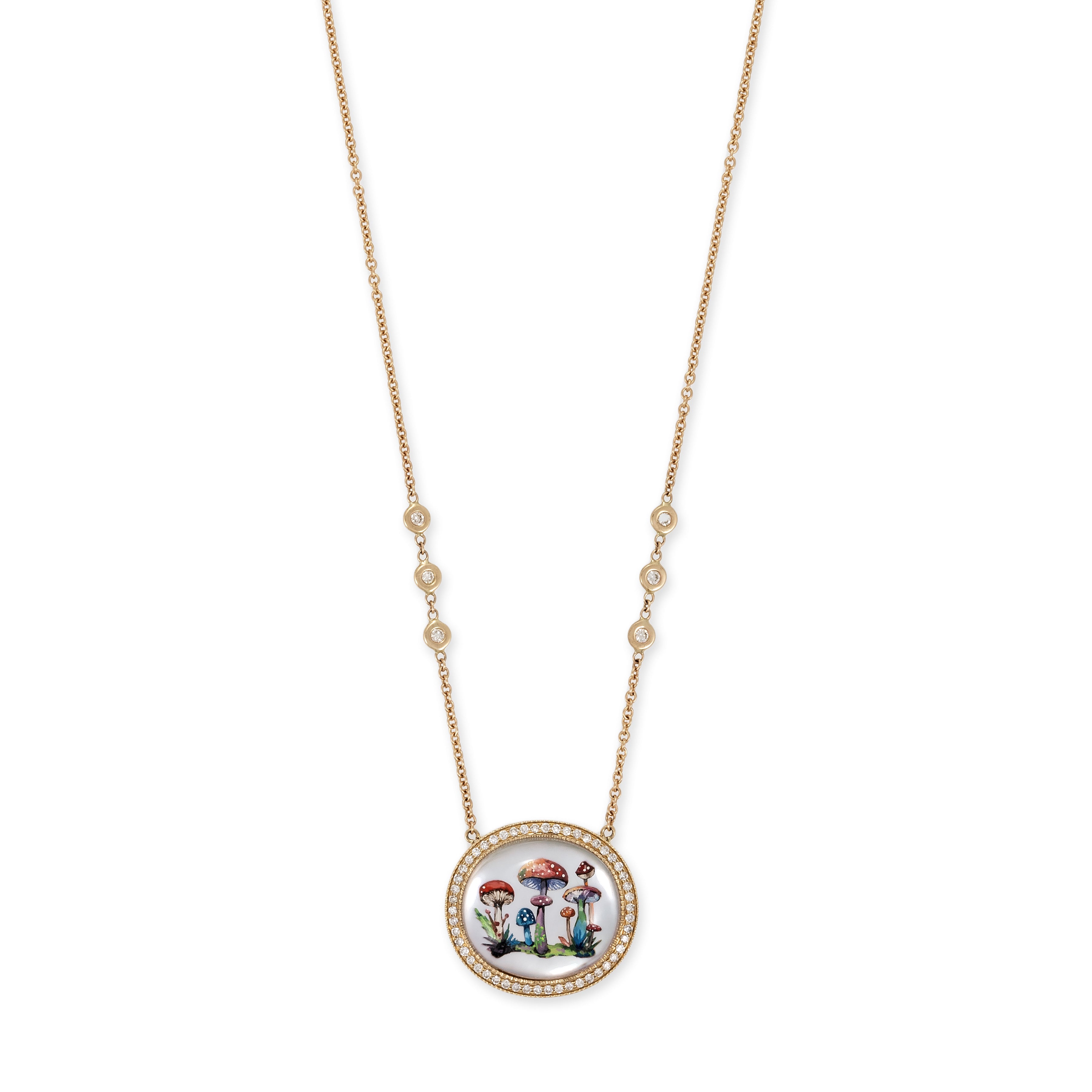 Hand Painted Mushroom Garden on Mother of Pearl Necklace