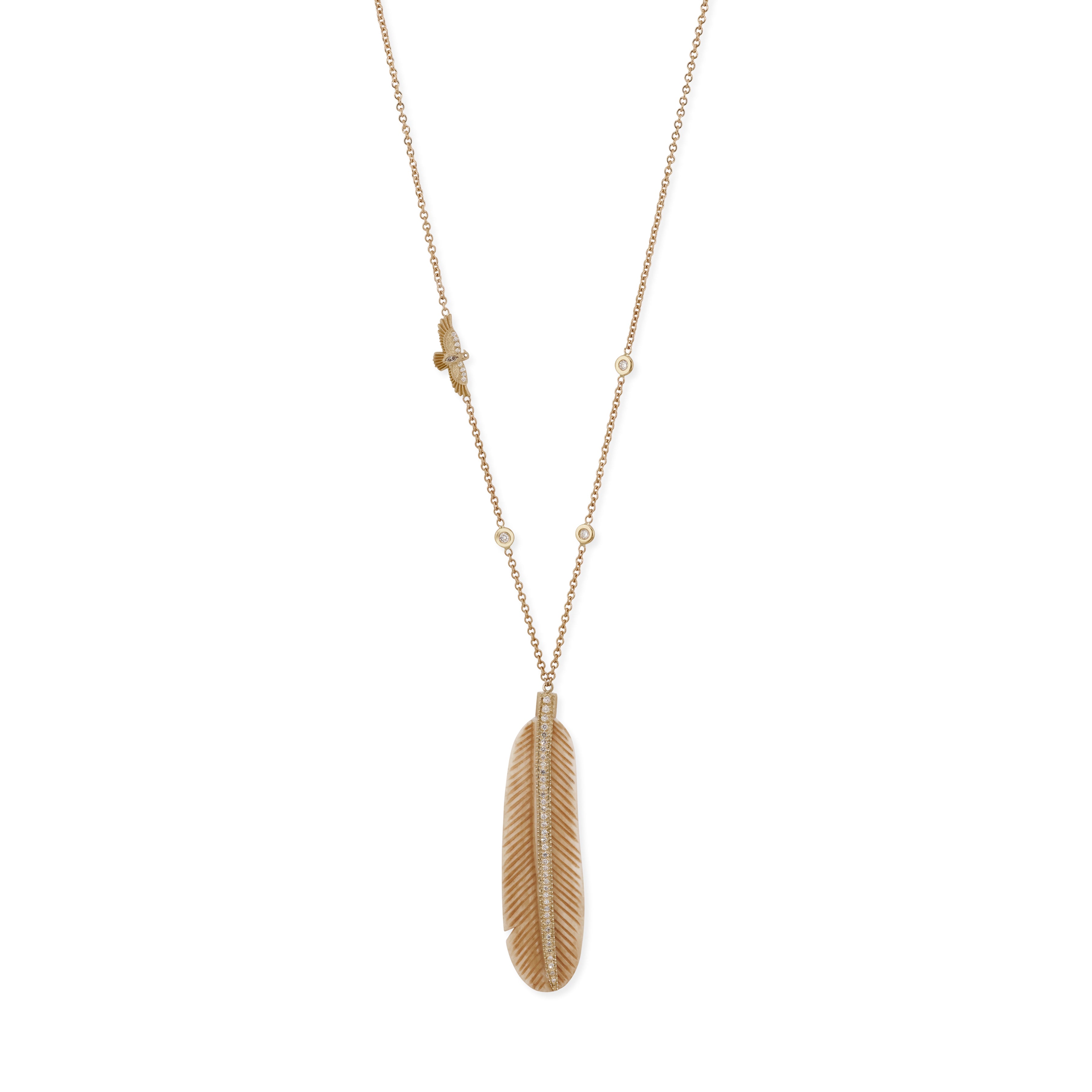 Pave Natural Bone Feather + Baby Thunderbird Necklace