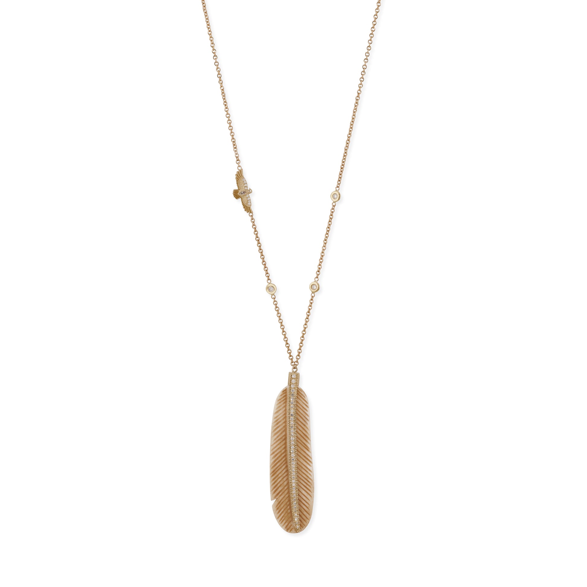 Pave Natural Bone Feather + Baby Thunderbird Necklace