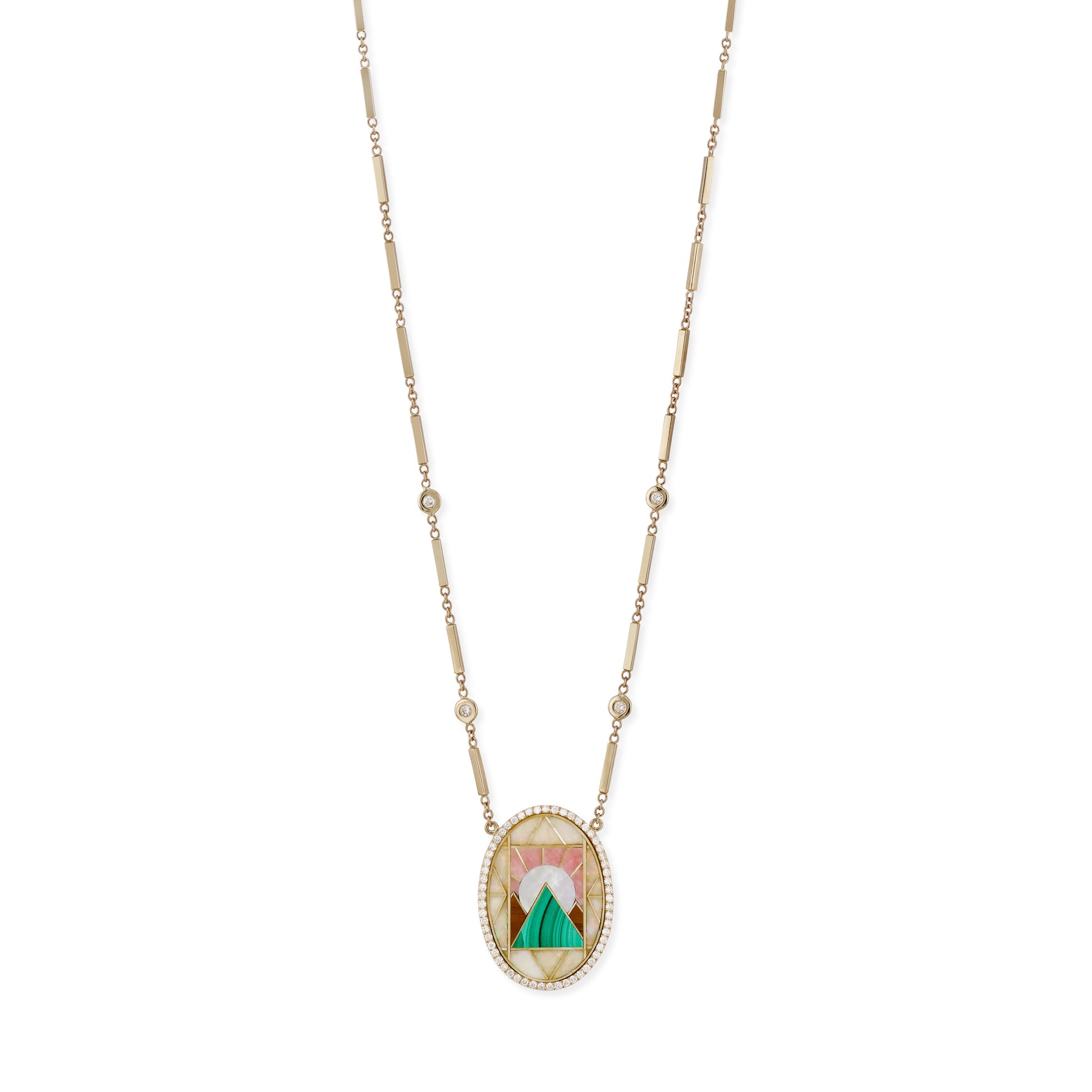 Pave Oval Pyramid Scenic Gemstone Inlay Necklace