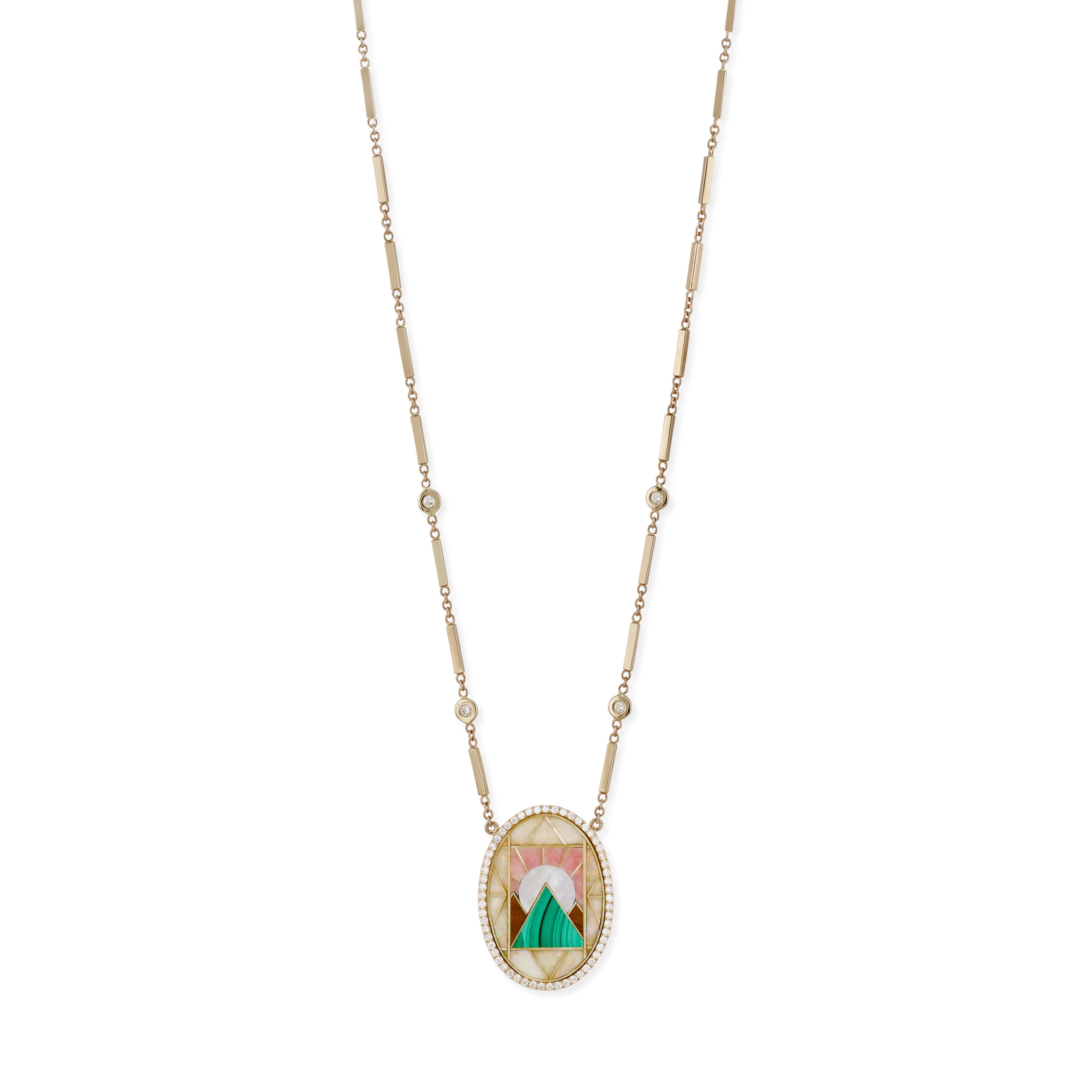 Pave Oval Pyramid Scenic Gemstone Inlay Necklace