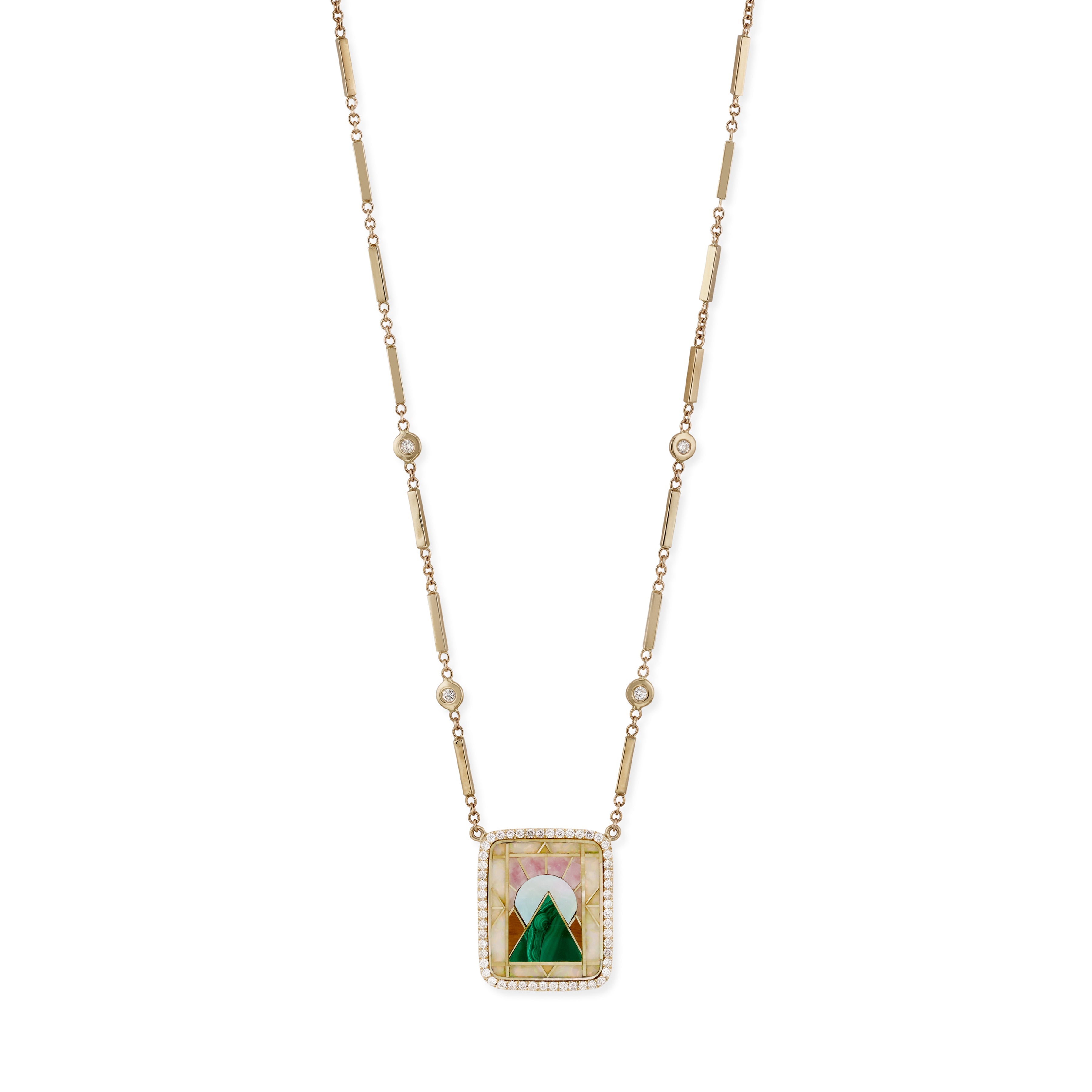 Pave Rectangle Pyramid Scenic Gemstone Inlay Necklace