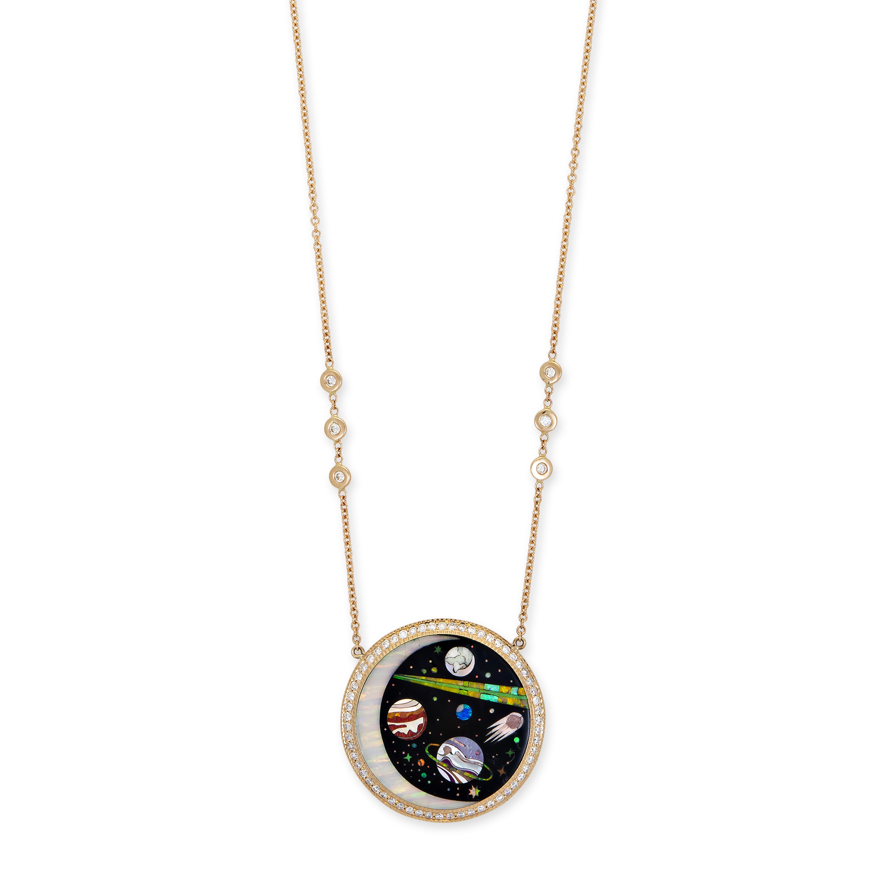 PAVE ROUND ONYX + OPAL CRESCENT GALAXY PLANET INLAY NECKLACE