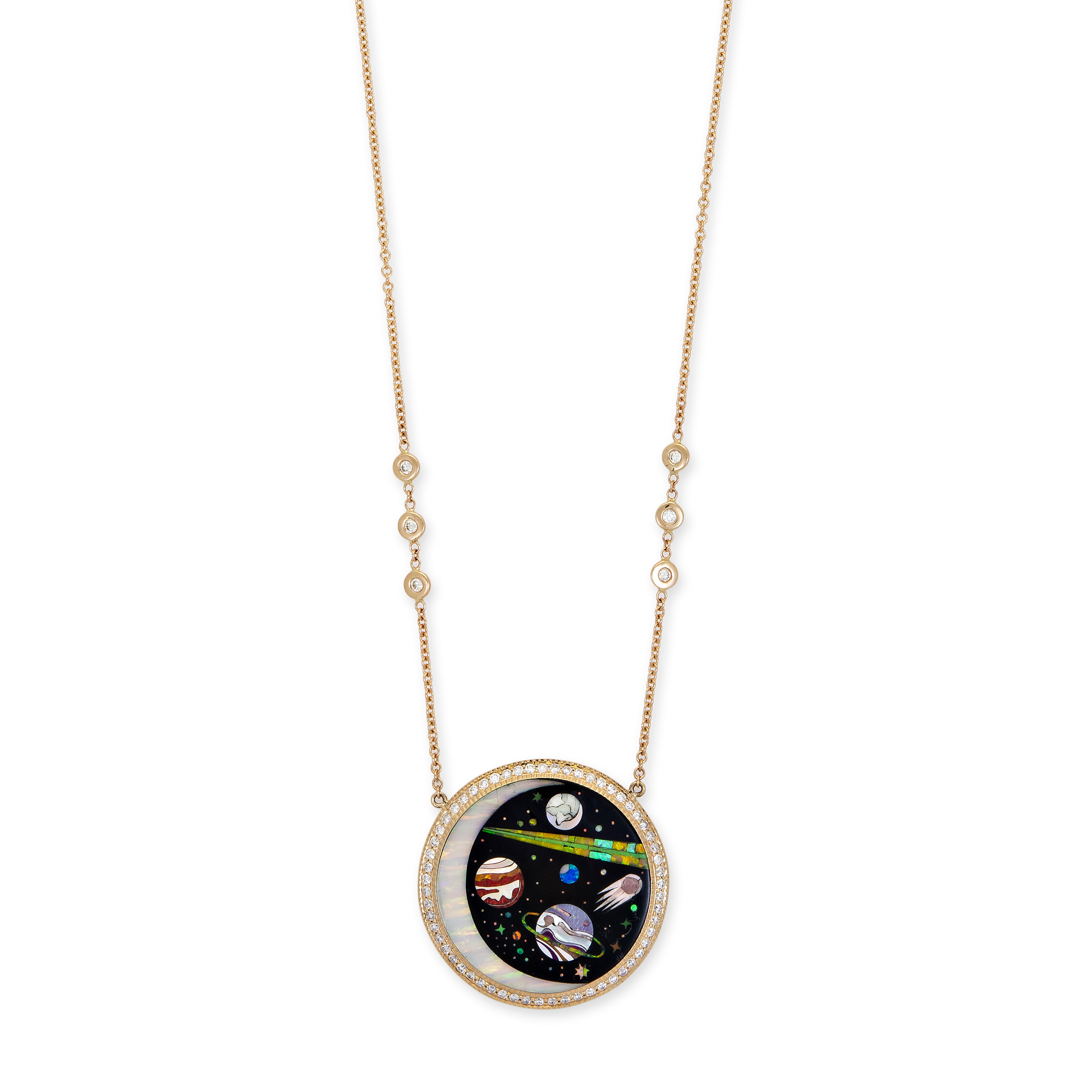 Pavé Round Onyx + Opal Crescent Galaxy Planet Inlay Necklace