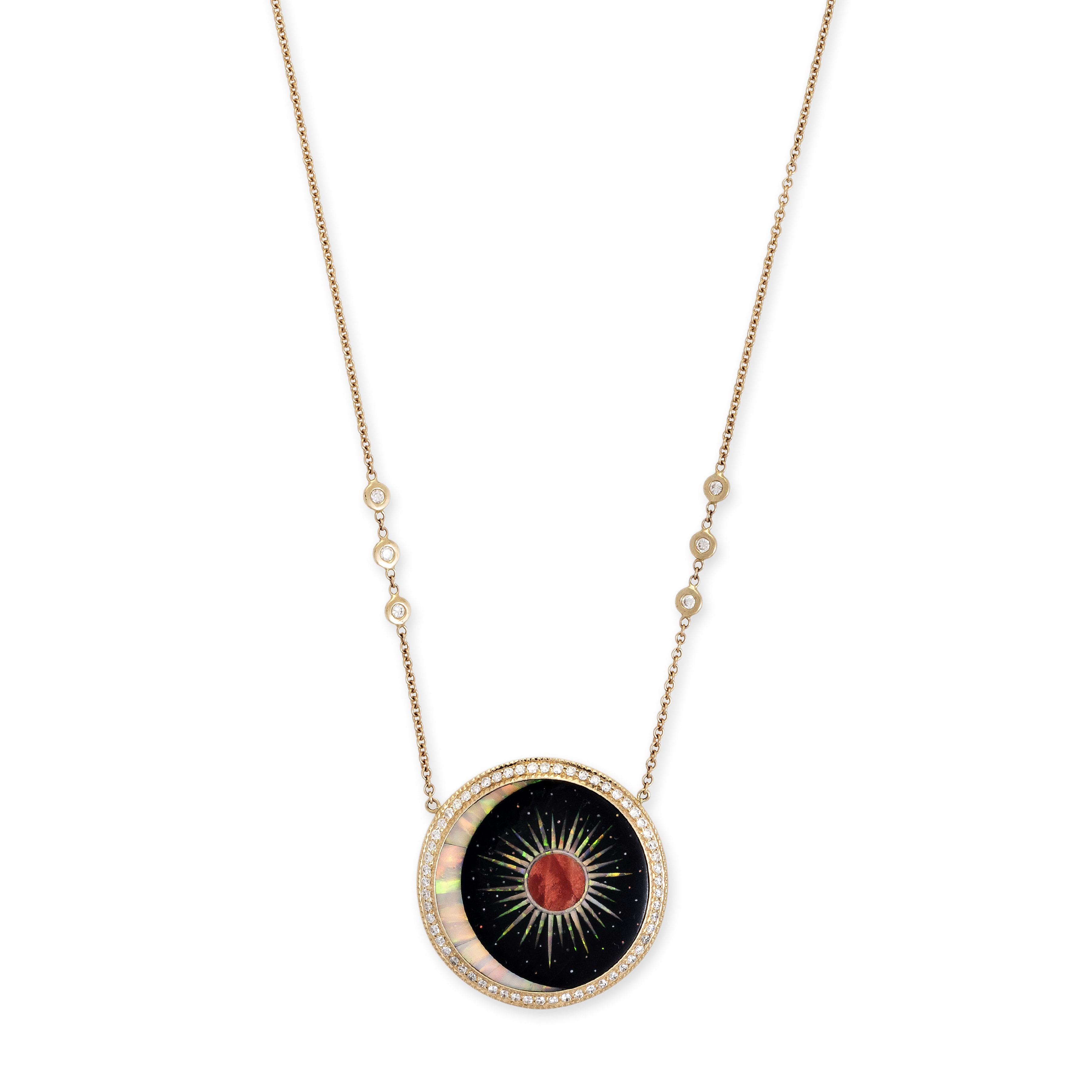 PAVE ROUND ONYX + OPAL CRESCENT MARS BURST INLAY NECKLACE