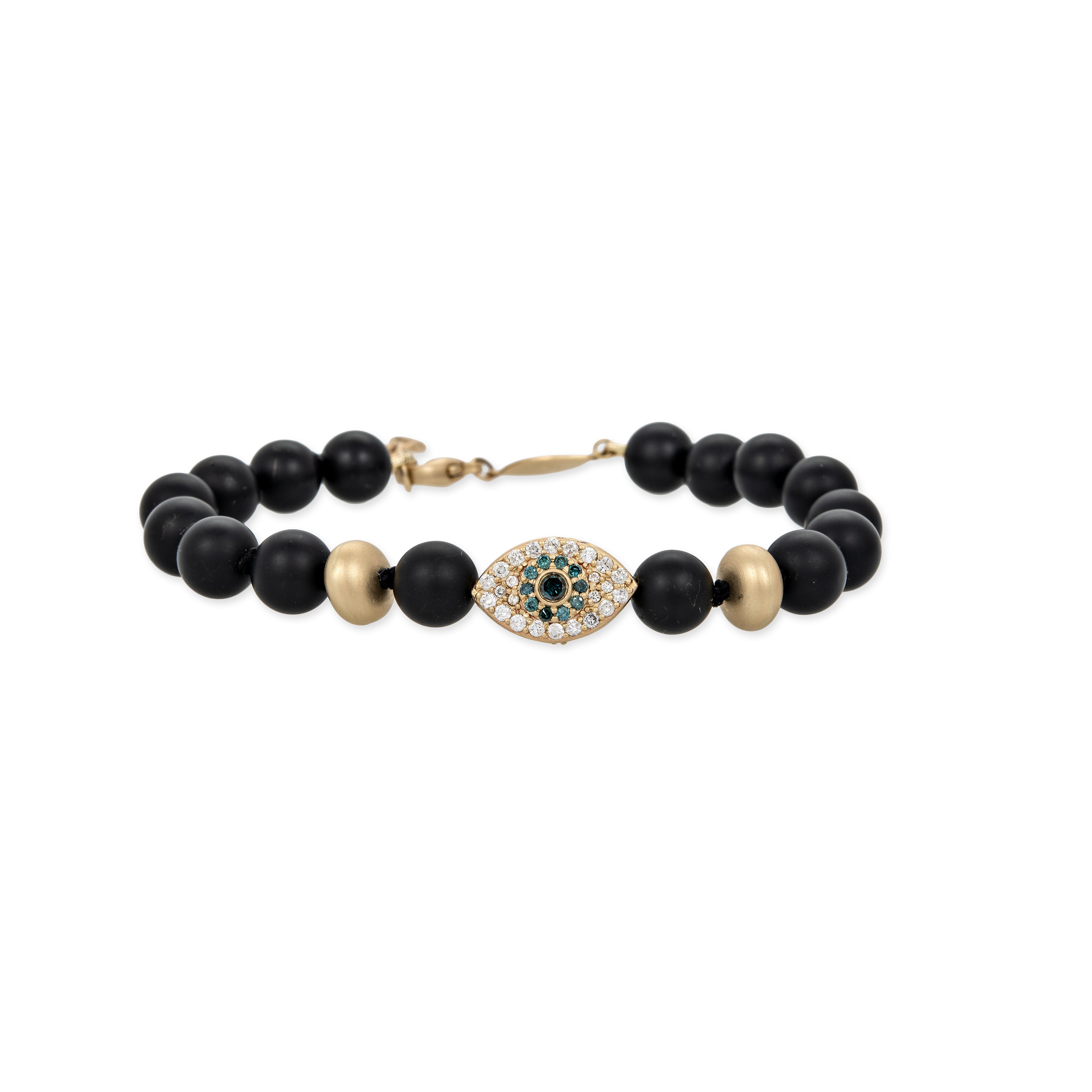Pave Eye and Scarab Bead + Gold and Black Hematite Beaded Stretch Bracelet