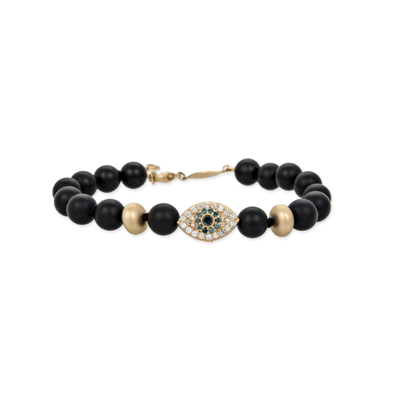 PAVE EYE AND SCARAB BEAD + GOLD AND BLACK HEMATITE BEADED STRETCH BRACELET