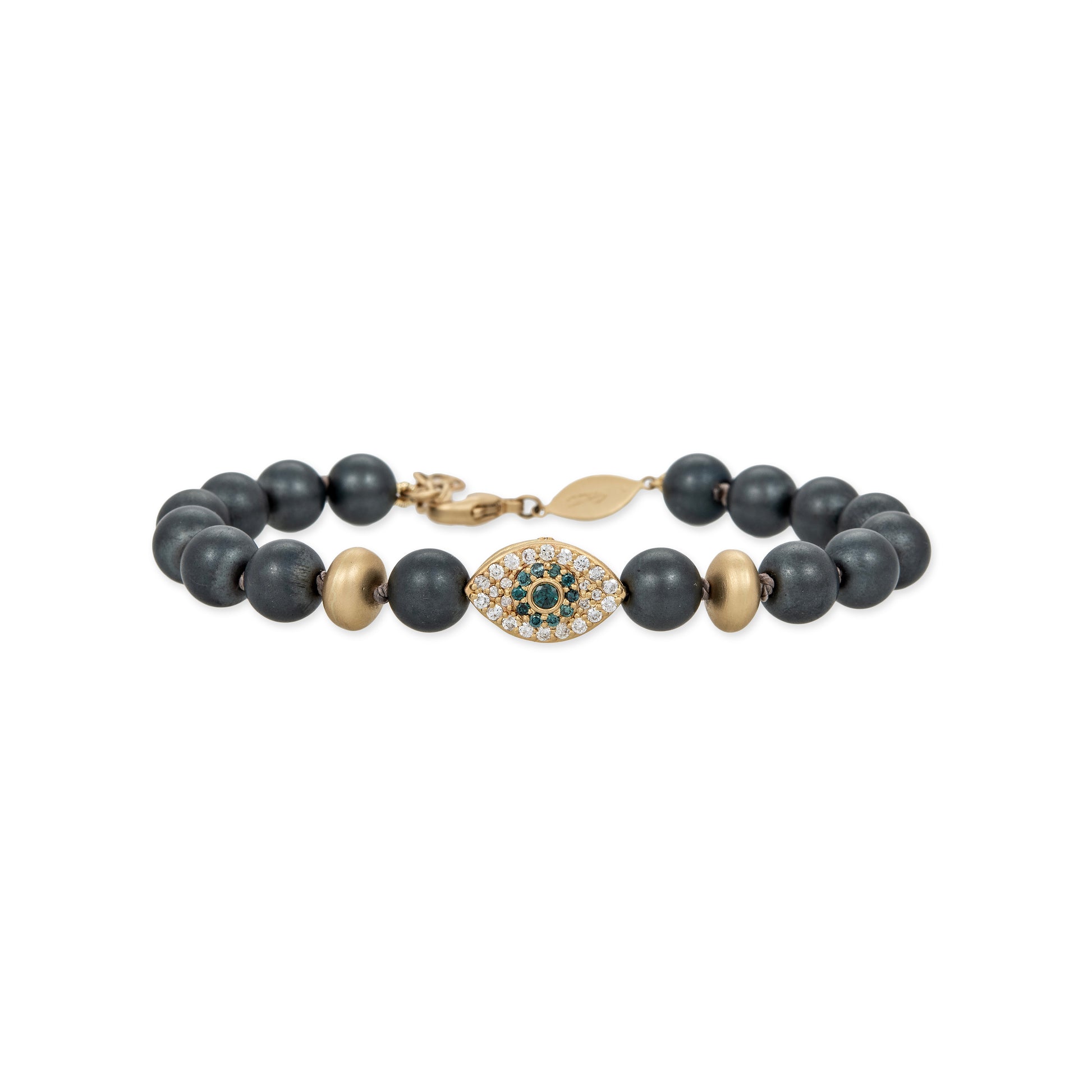 Pave Eye and Scarab Bead + Gold and Grey Hematite Beaded Stretch Bracelet