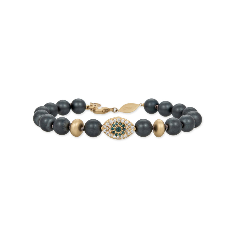 PAVE EYE AND SCARAB BEAD + GOLD AND GREY HEMATITE BEADED STRETCH BRACELET