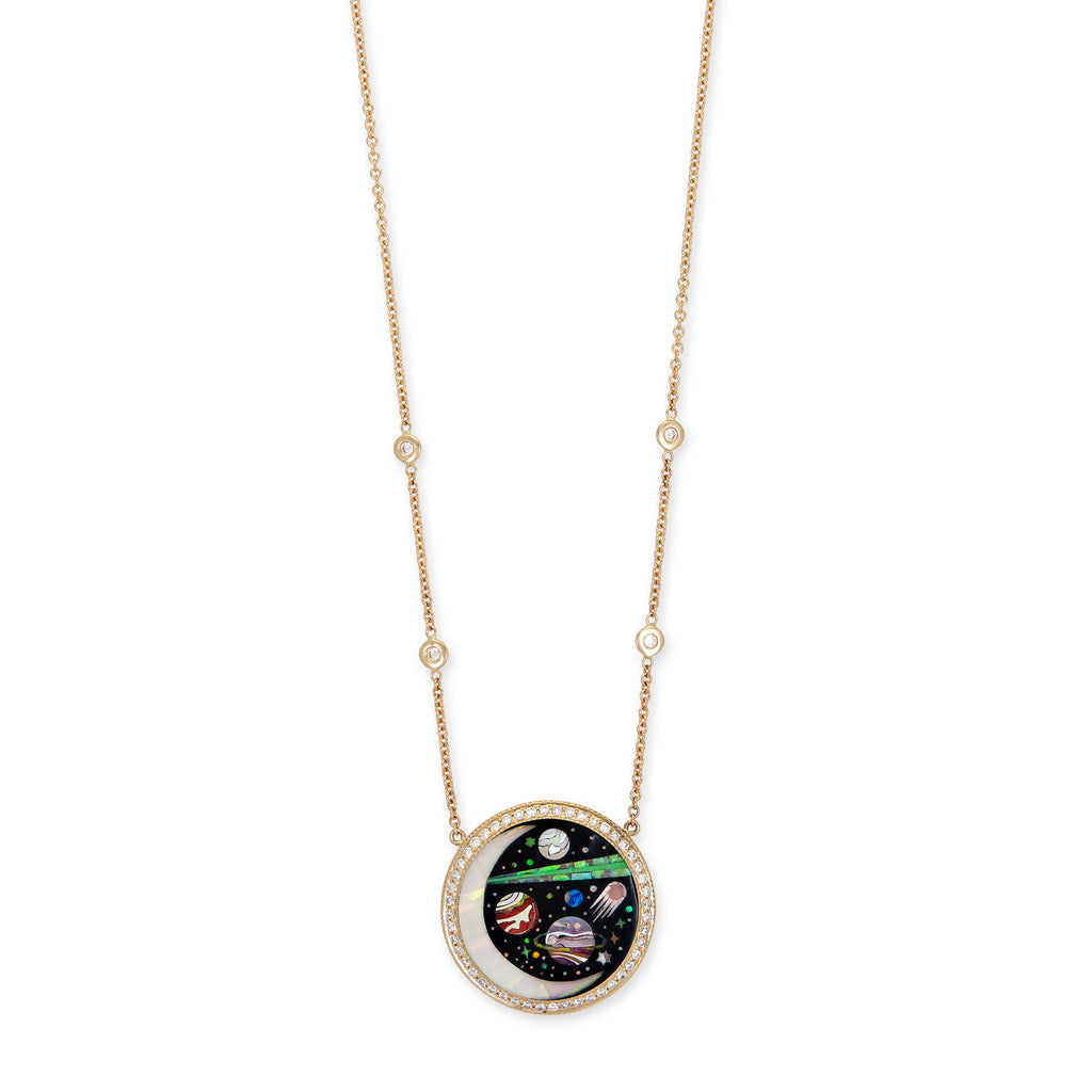 Small Pavé Round Onyx + Opal Crescent Galaxy Planet Inlay Necklace