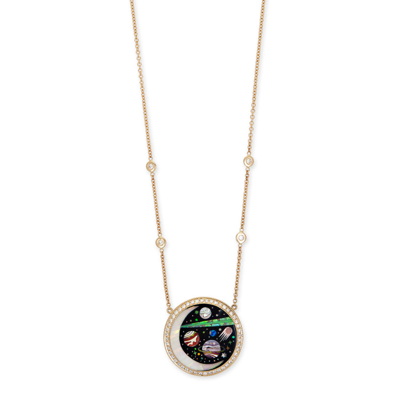 SMALL PAVE ROUND ONYX + OPAL CRESCENT GALAXY PLANET INLAY NECKLACE