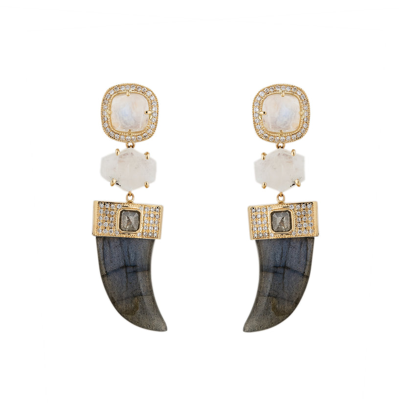 PAVE MOONSTONE + LABRADORITE TUSK DIAMOND EARRINGS