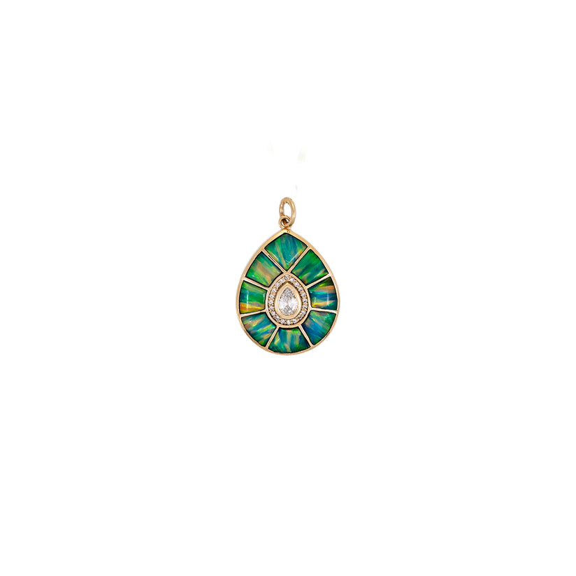 PAVE TEARDROP DIAMOND CENTER OPAL INLAY CHARM