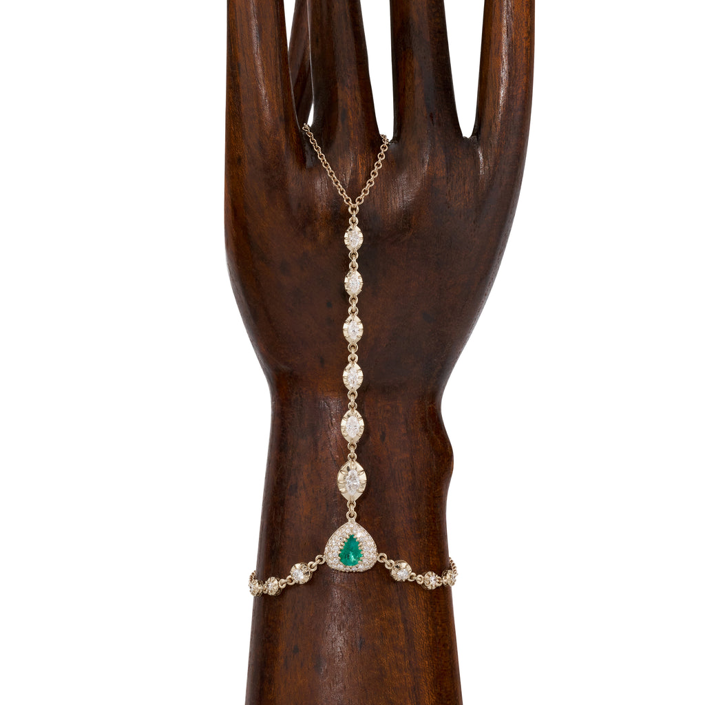 Pave Emerald Heart Center + Marquise and Round Diamond Sophia Finger Bracelet