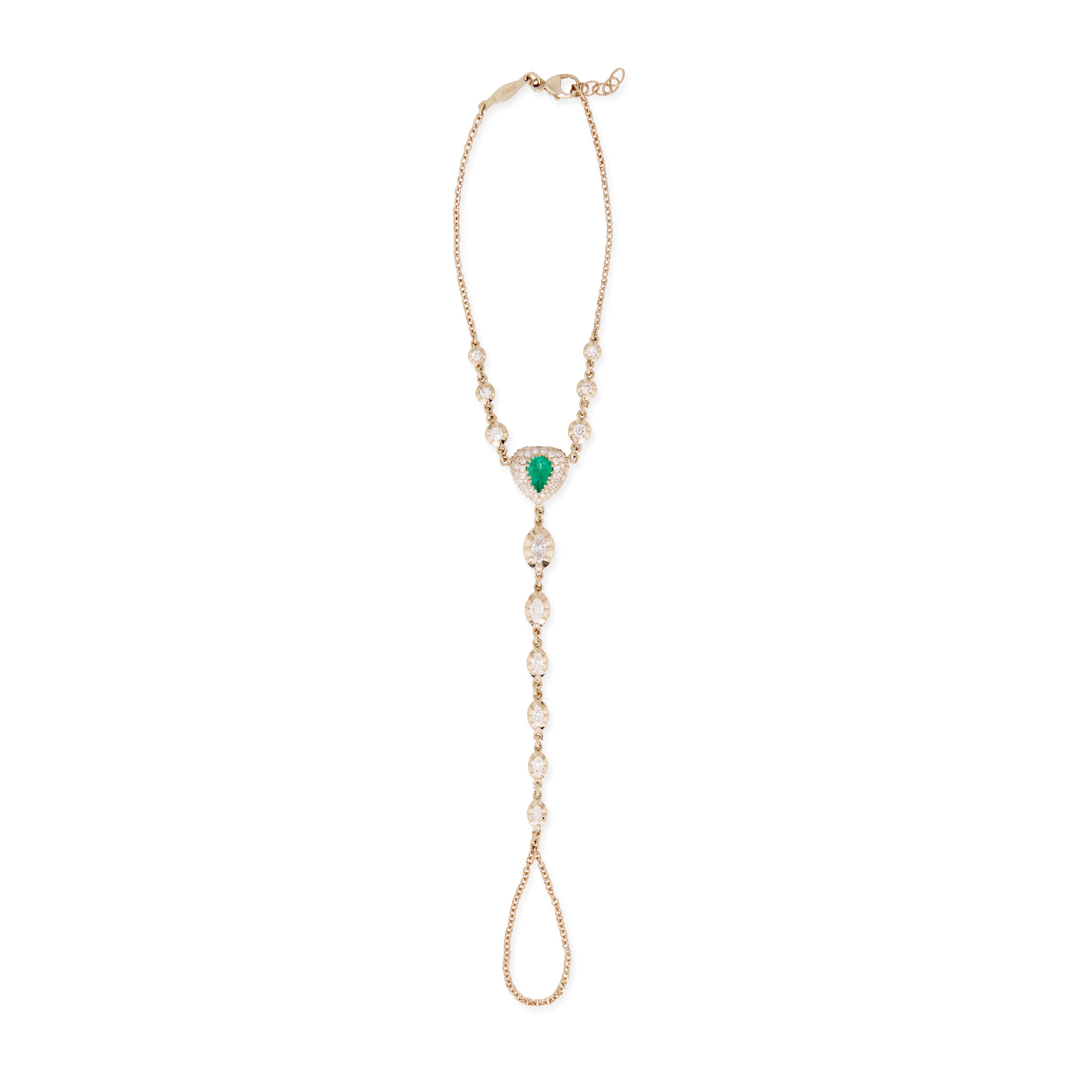 Pave Emerald Heart Center + Marquise and Round Diamond Sophia Finger Bracelet