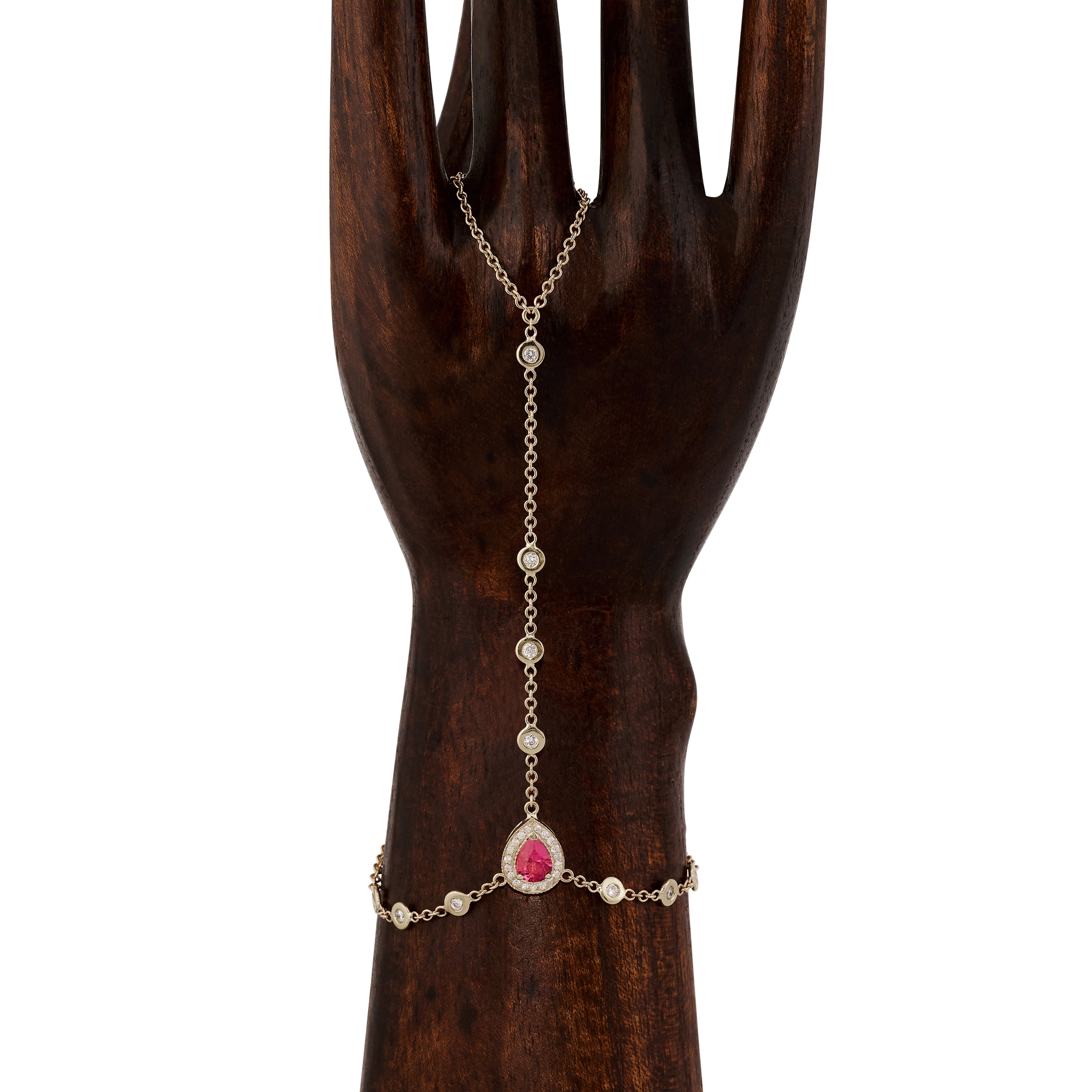 Pave Pink Tourmaline Teardrop + Diamond Finger Bracelet