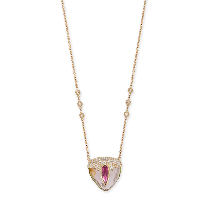 LARGE PAVE PINK TOURMALINE TEARDROP CAP + LIGHT WATERMELON TOURMALINE SLICE NECKLACE