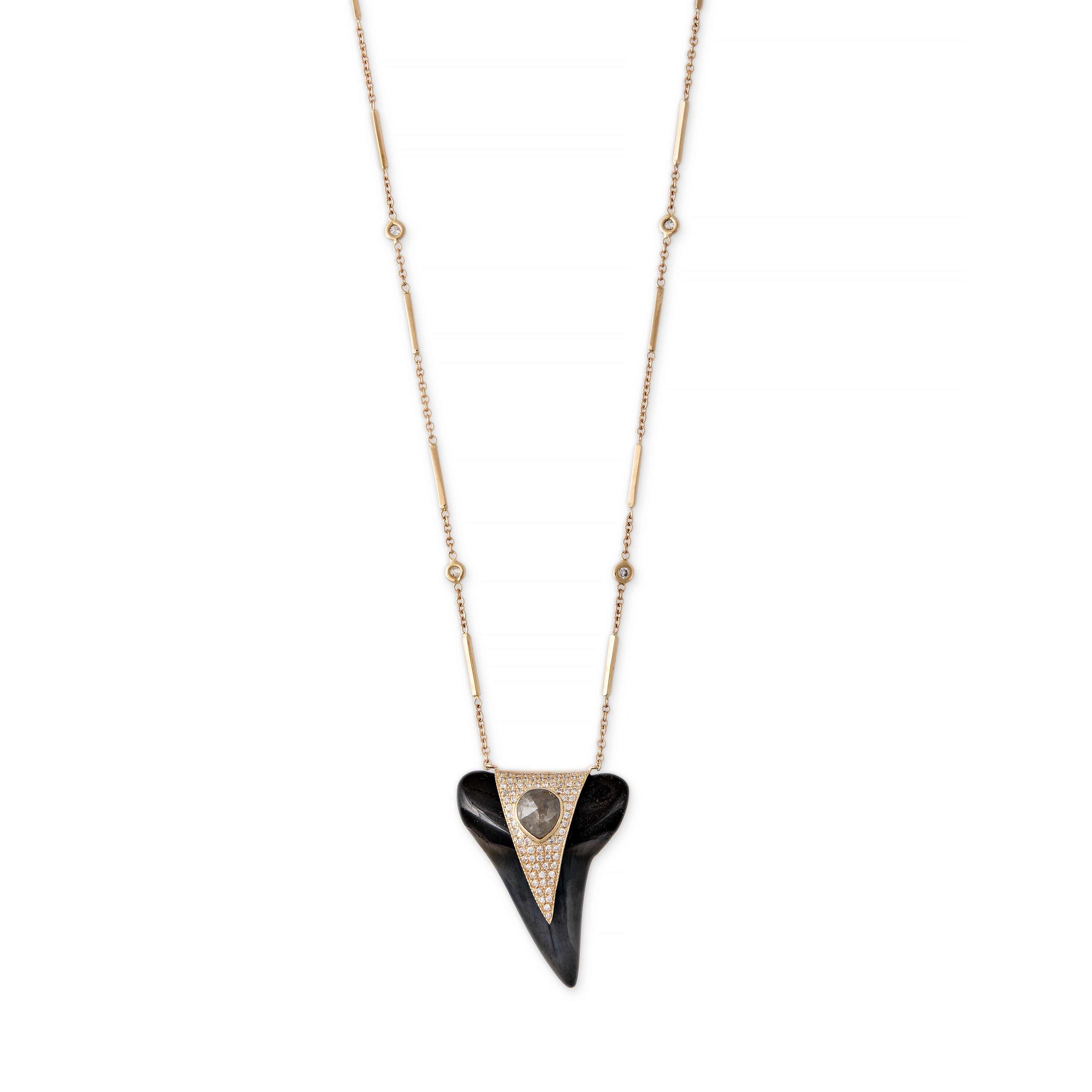 PAVE LARGE RAW DIAMOND V CAP BLACK SHARK TOOTH NECKLACE