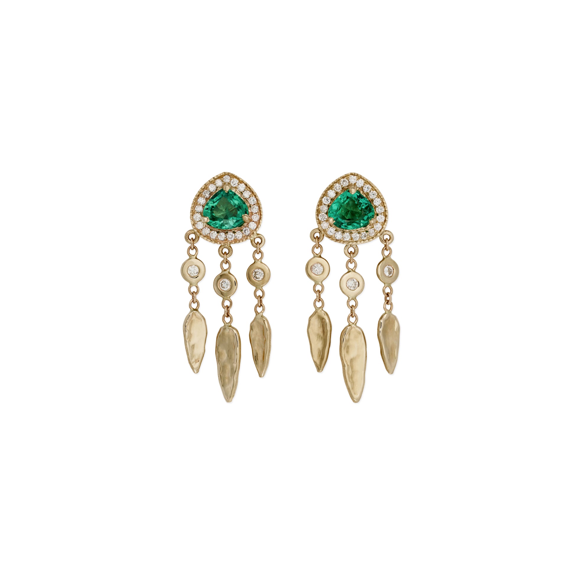 Pave Emerald Teardrop + Diamond Hammered Teardrop Shaker Stud Earrings