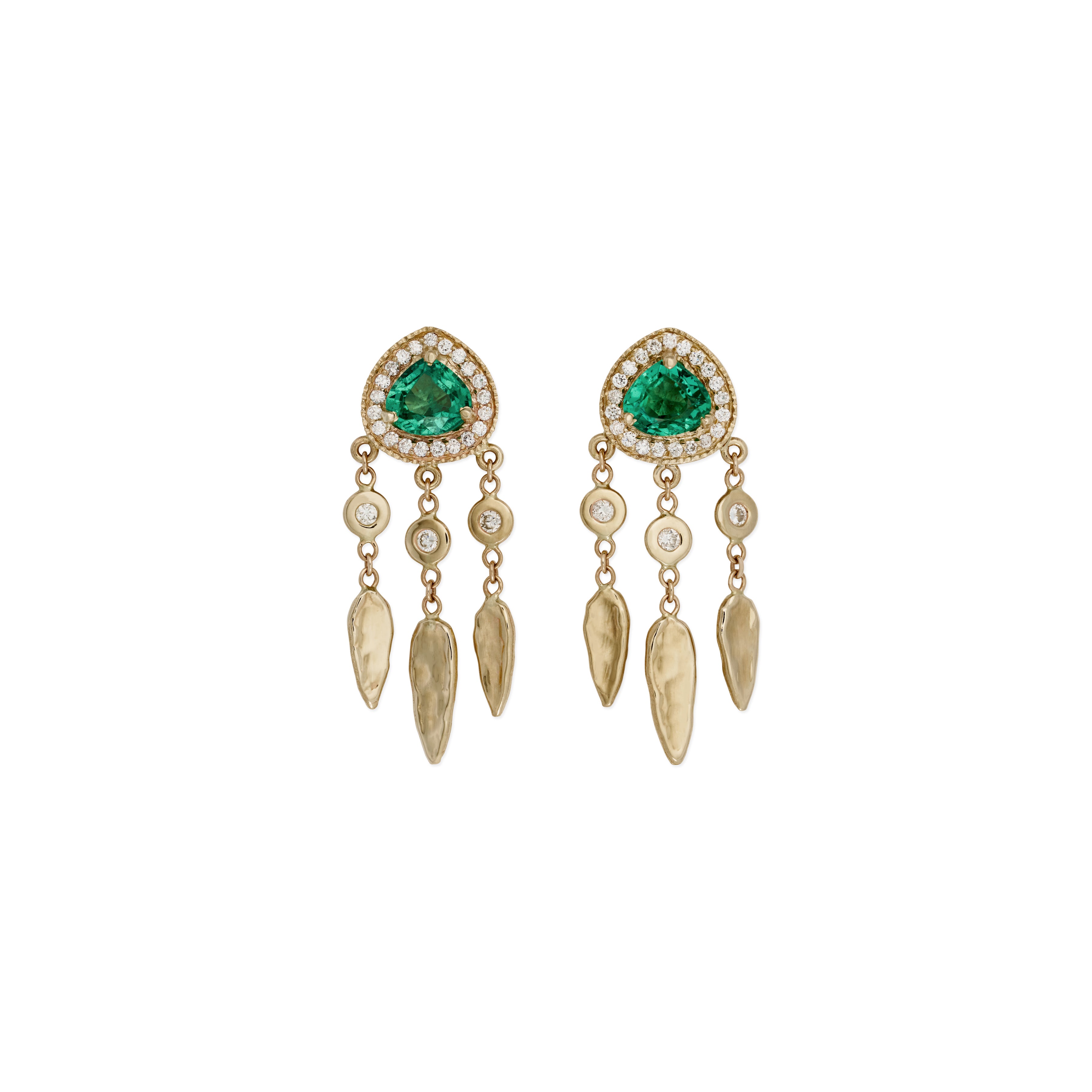 Pave Emerald Teardrop + Diamond Hammered Teardrop Shaker Stud Earrings