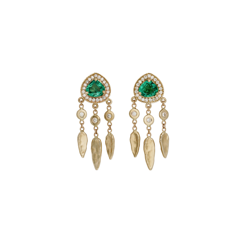 Pave Emerald Teardrop + Diamond Hammered Teardrop Shaker Stud Earrings