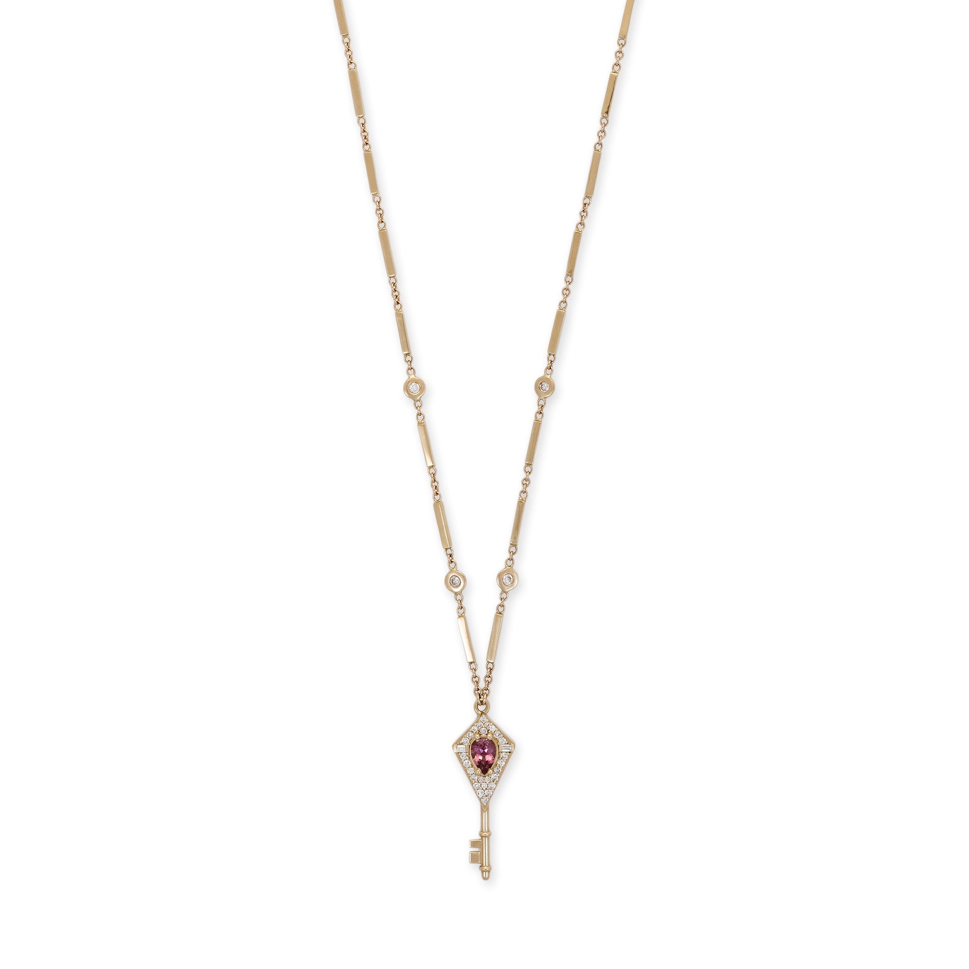 Pavé + Baguette Diamond Gemstone Key Smooth Bar Necklace