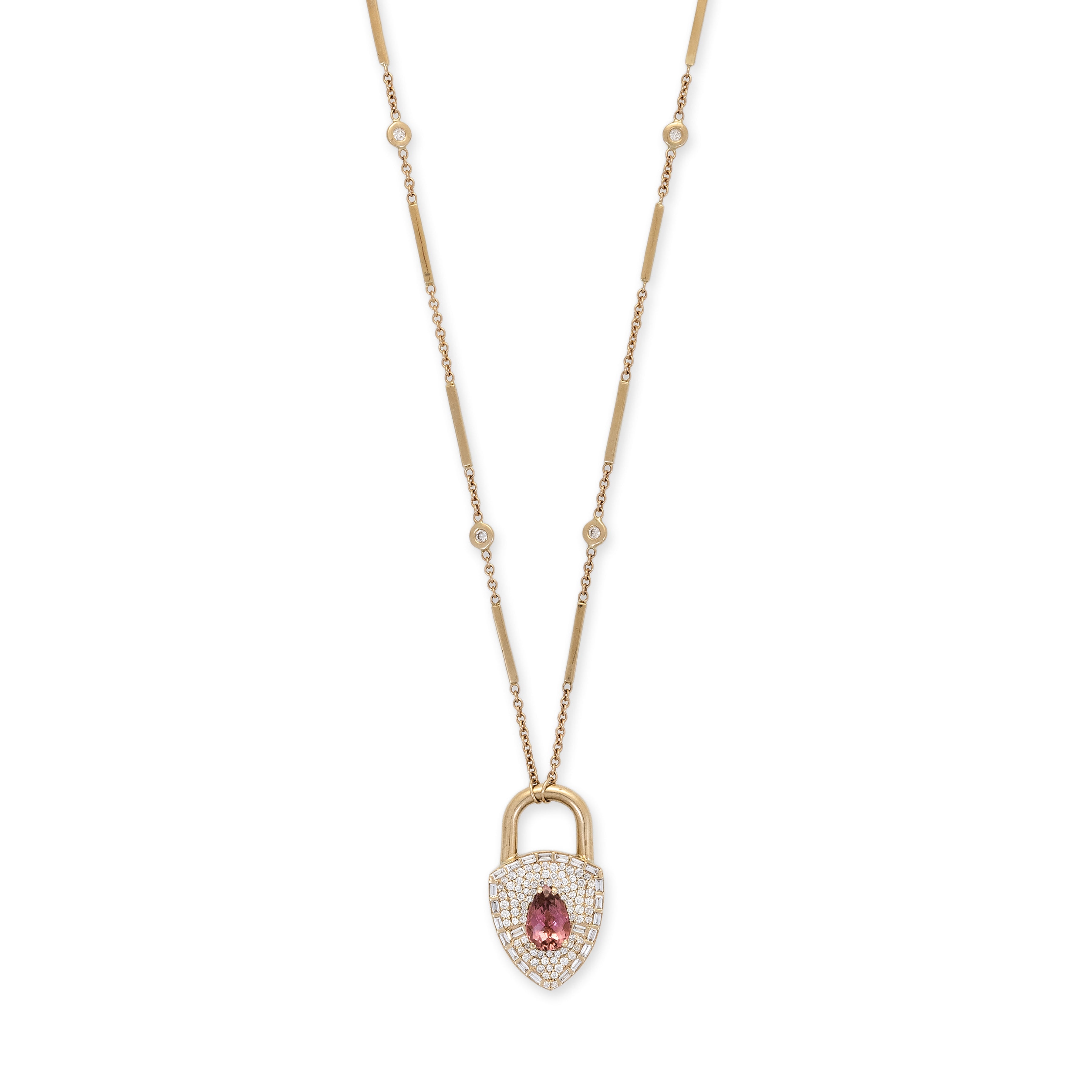 Pavé + Baguette Diamond Pink Tourmaline Lock Smooth Bar Necklace