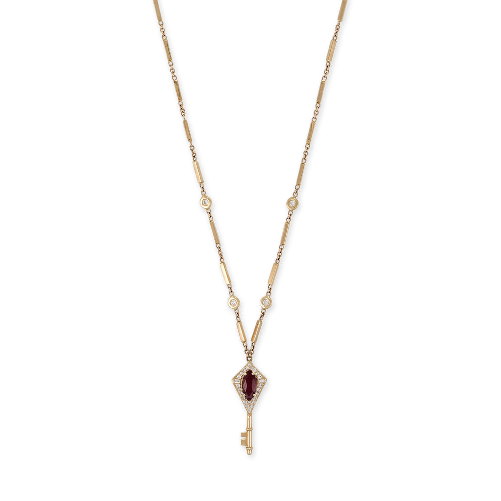 Pavé + Baguette Diamond Ruby Key Smooth Bar Necklace