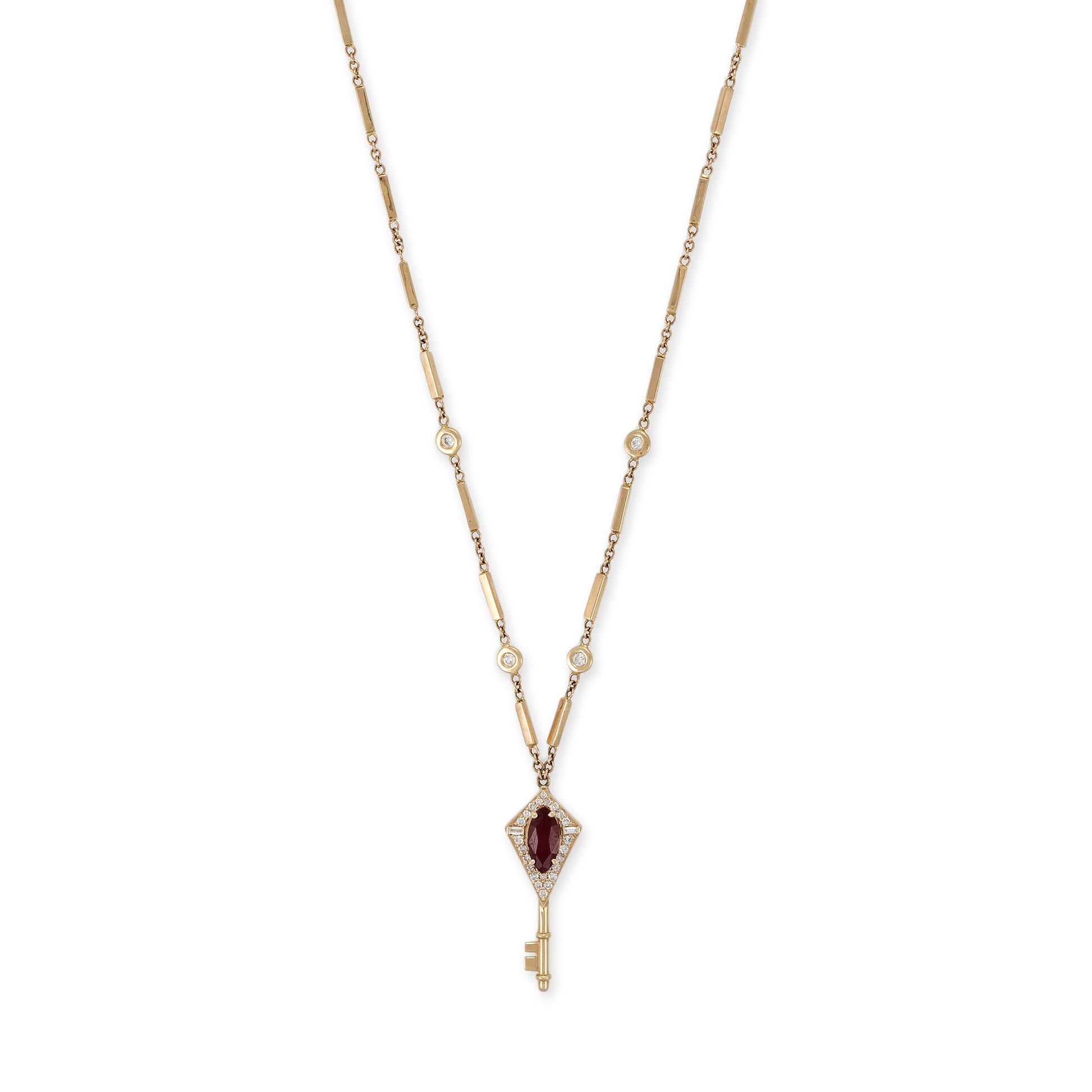 Pavé + Baguette Diamond Ruby Key Smooth Bar Necklace