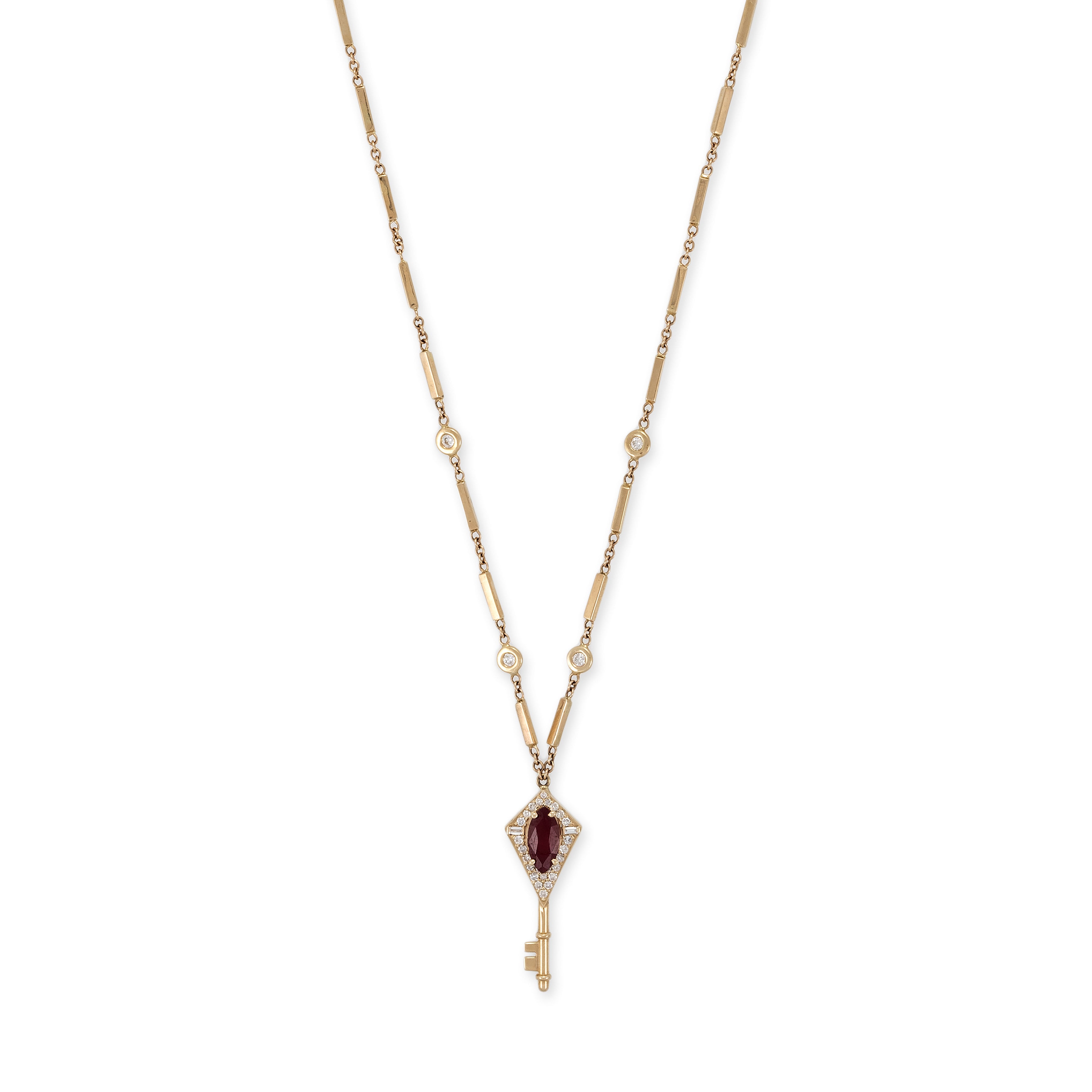 Pavé + Baguette Diamond Ruby Key Smooth Bar Necklace