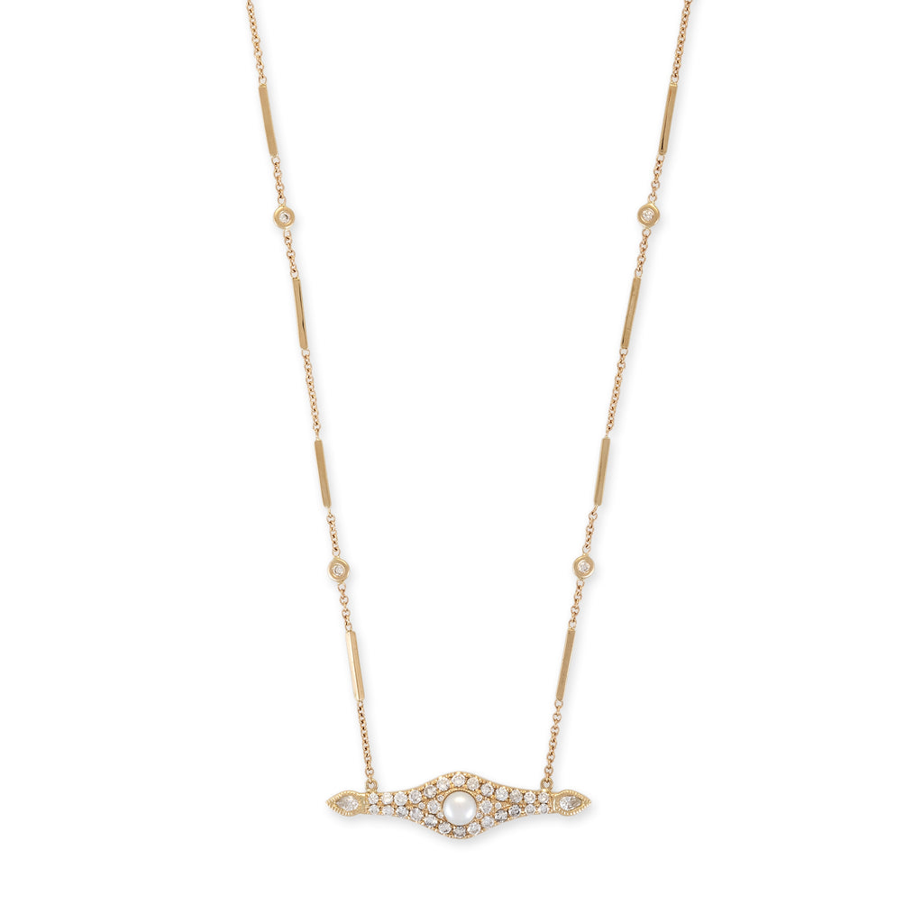 PEARL CENTER PAVE TEARDROP DIAMOND SIDES NECKLACE