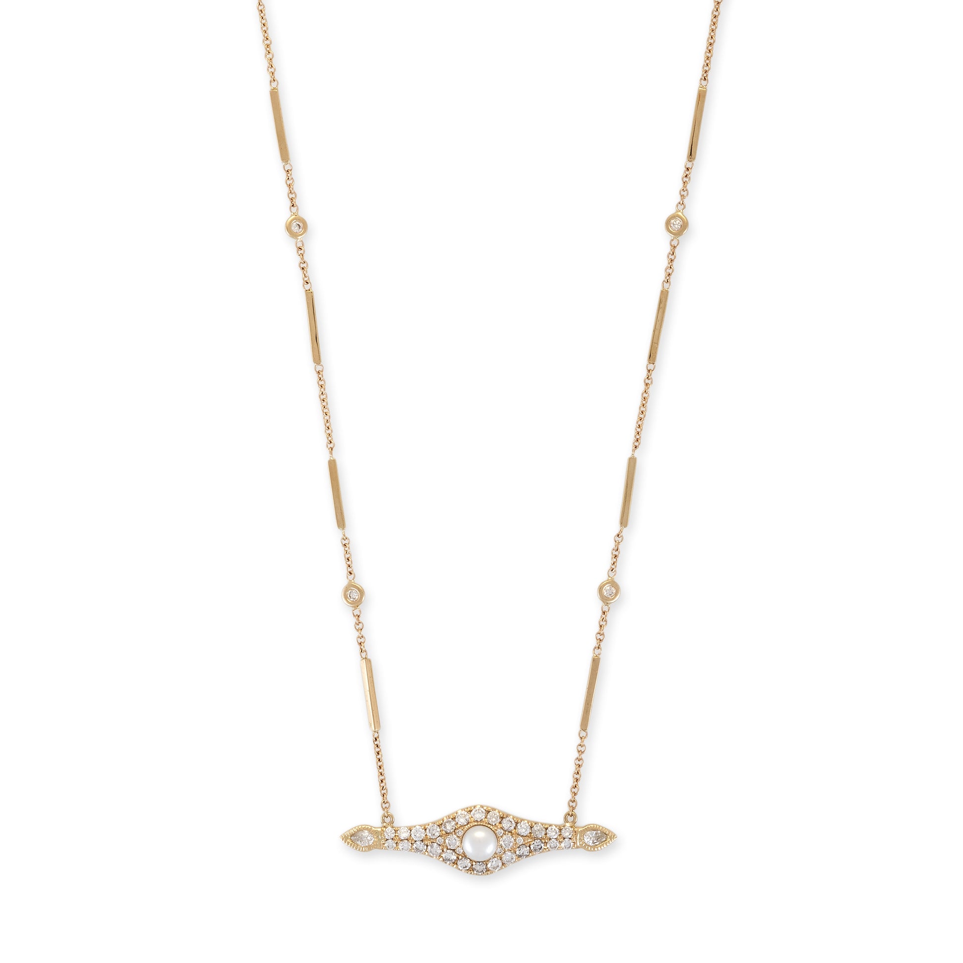 PEARL CENTER PAVE TEARDROP DIAMOND SIDES NECKLACE