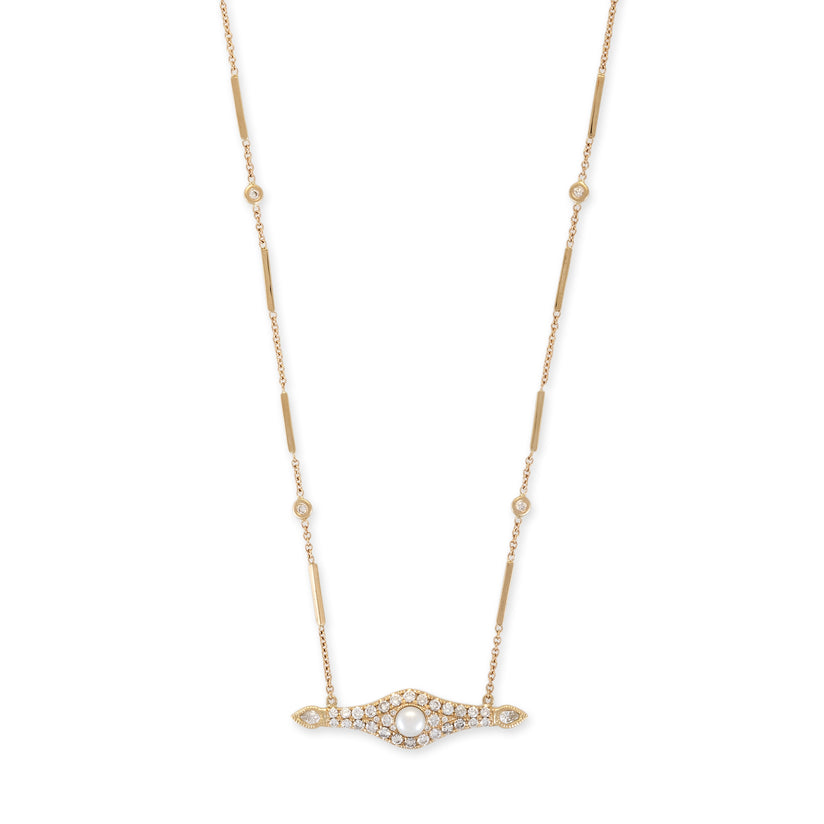 PEARL CENTER PAVE TEARDROP DIAMOND SIDES NECKLACE