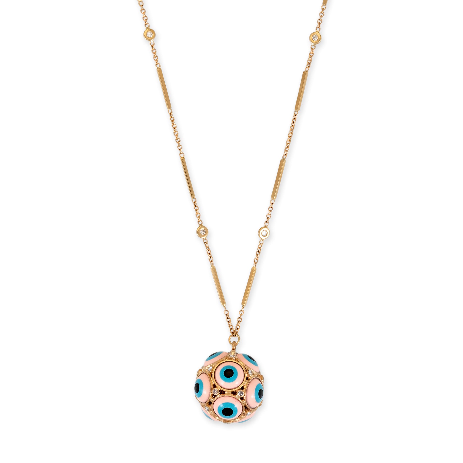 Pink Ceramic Eye + Rose Cut Diamond Sphere Charm Necklace