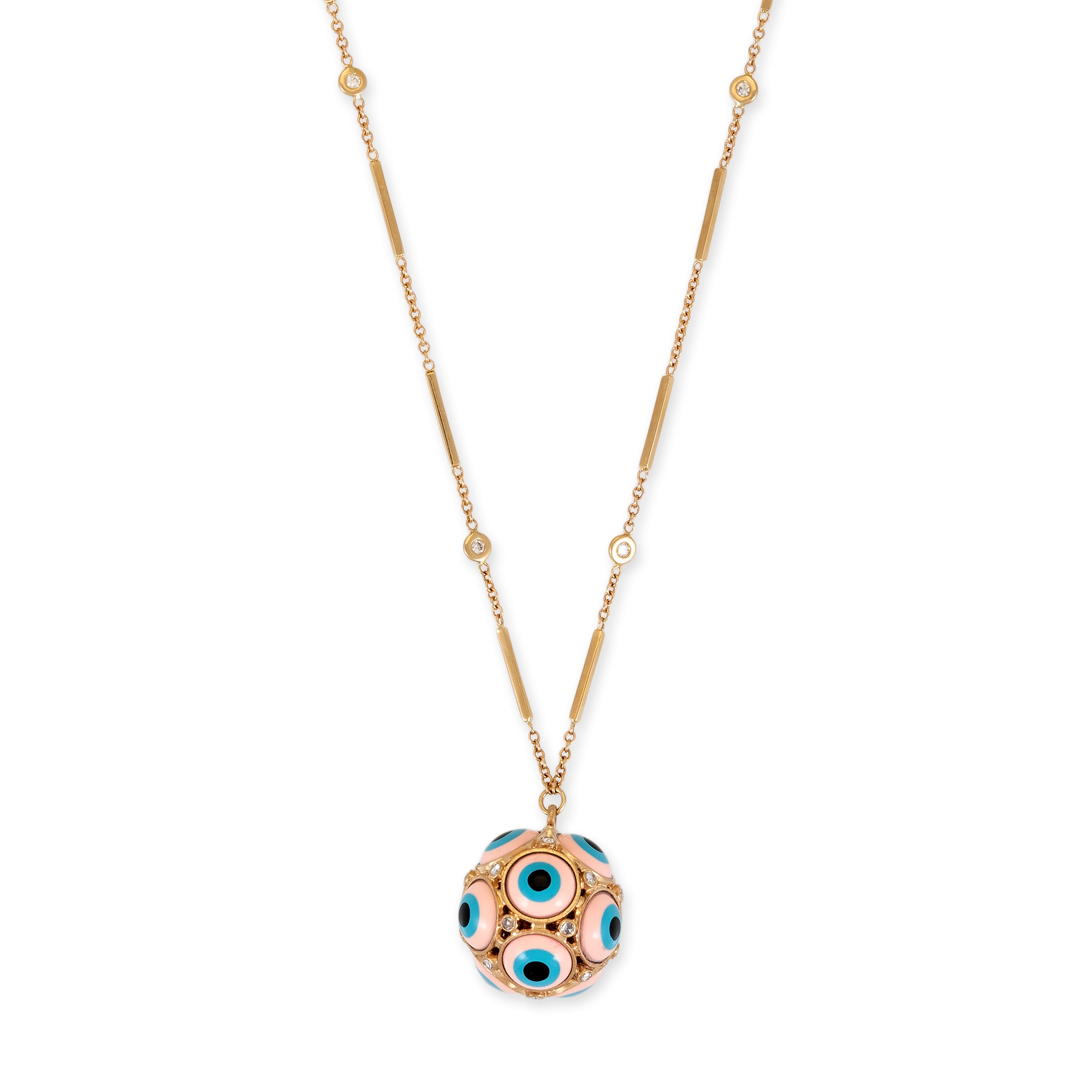 Pink Ceramic Eye + Rose Cut Diamond Sphere Charm Necklace