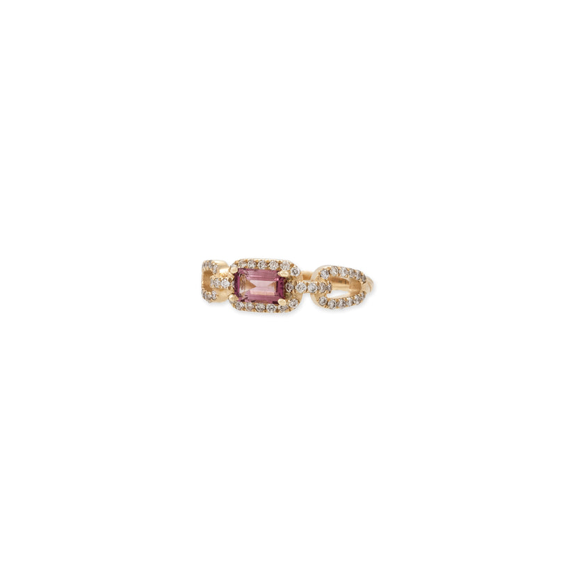 PINK TOURMALINE BAGUETTE CENTER PAVE CHAIN LINK ROPE RING