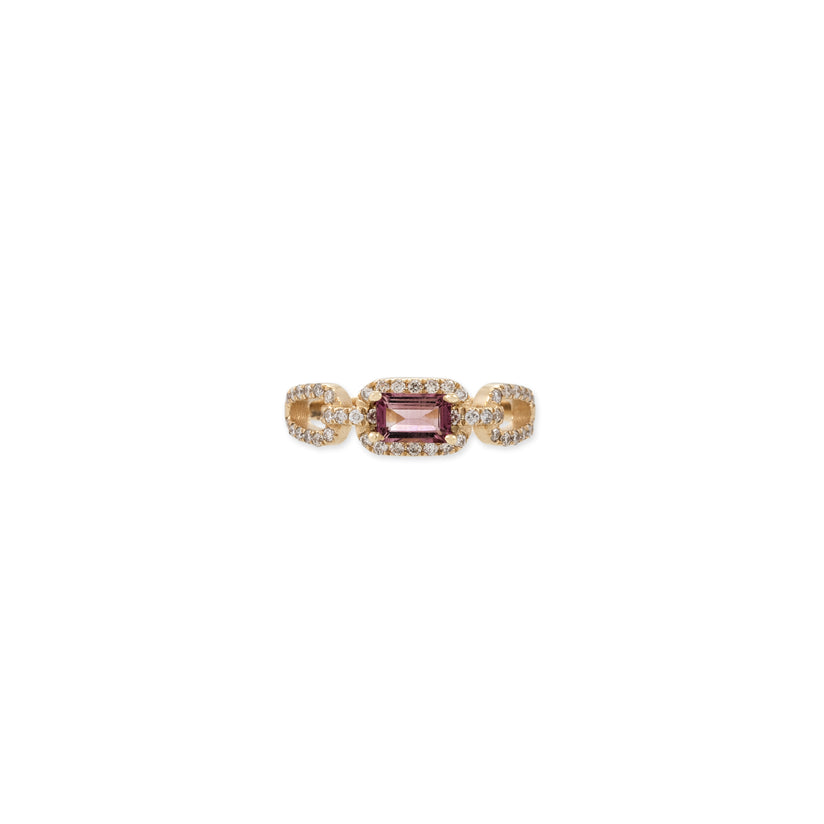 PINK TOURMALINE BAGUETTE CENTER PAVE CHAIN LINK ROPE RING