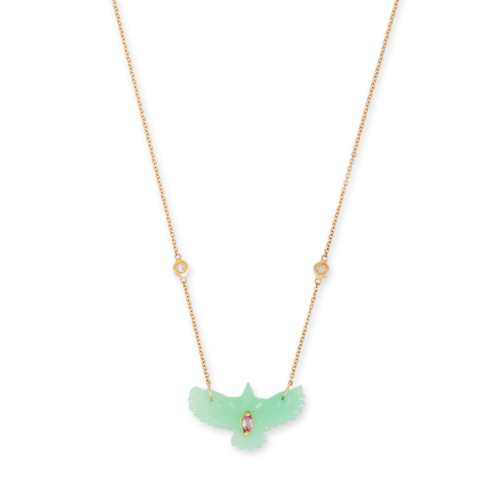 Pink Tourmaline Marquise Small Chrysoprase Thunderbird Diamond Necklace